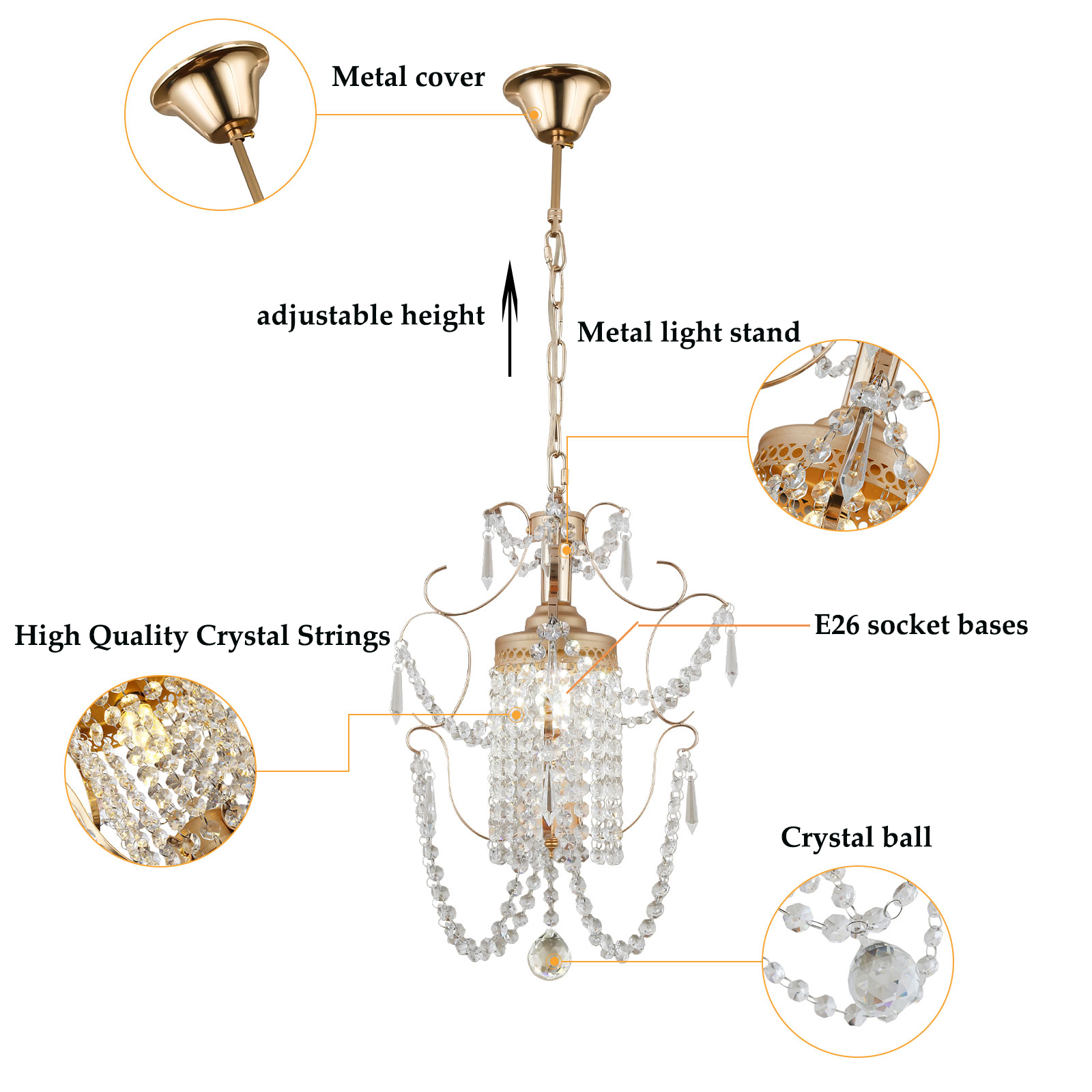 Loyalheartdy Crystal Chandelier, 1-Light Modern Elegant Metal Crystal  Ceiling Light Fixture Adjustable Height Hanging Lamp