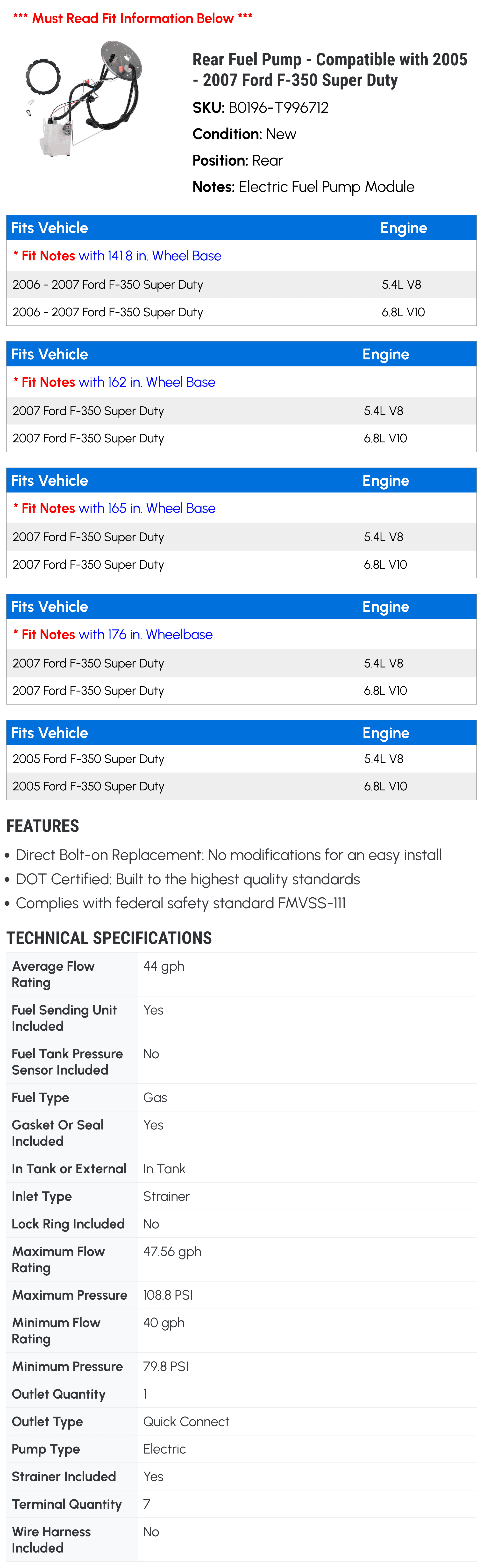 Rear Fuel Pump - Compatible with 2005 - 2007 Ford F-350 Super Duty 2006