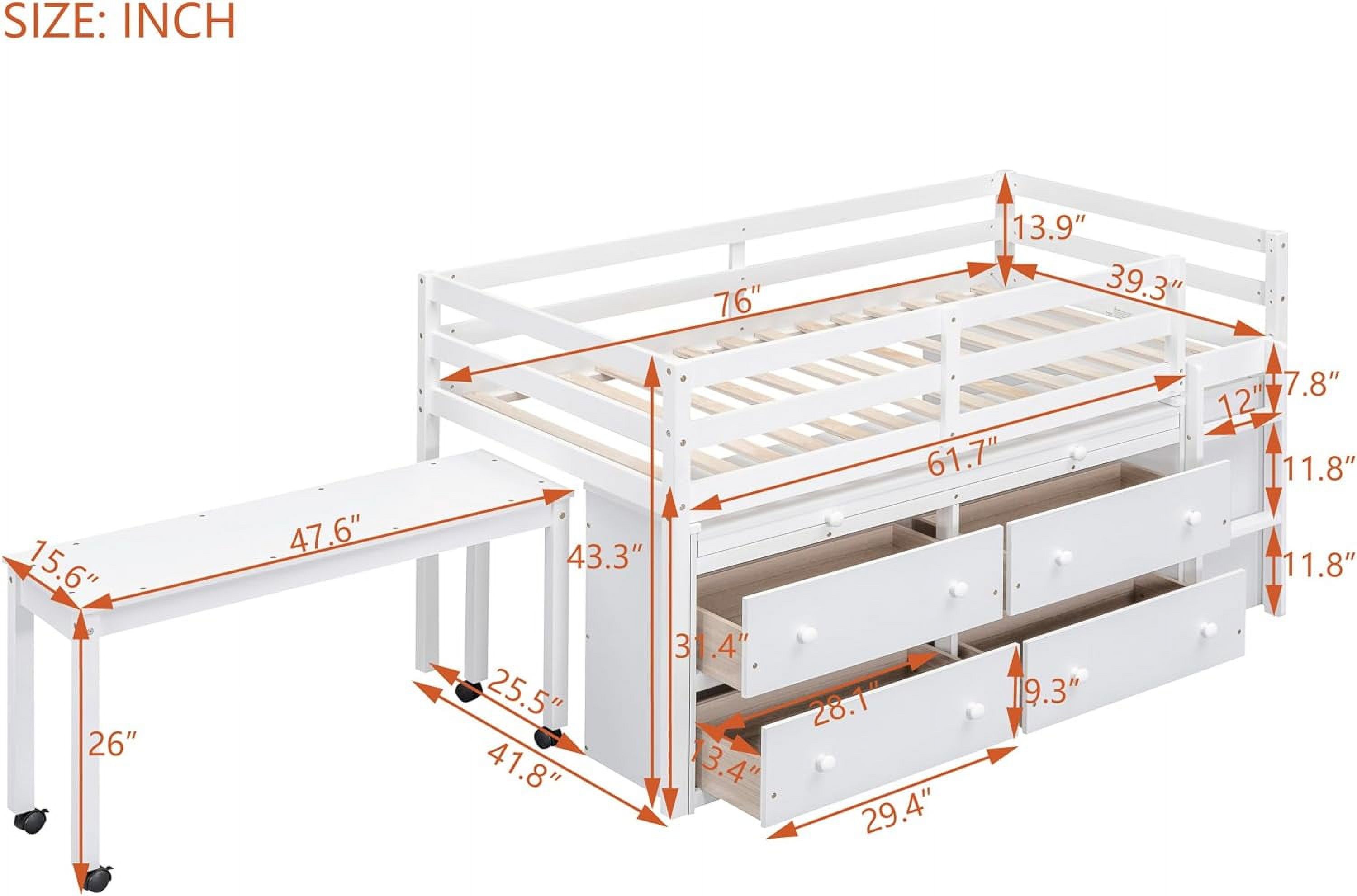 Twin Size Retractable Writing 4 Drawers, Wooden Loft Bed with Lateral Portable Desk and Shelves, for Kids Adults Bedroom