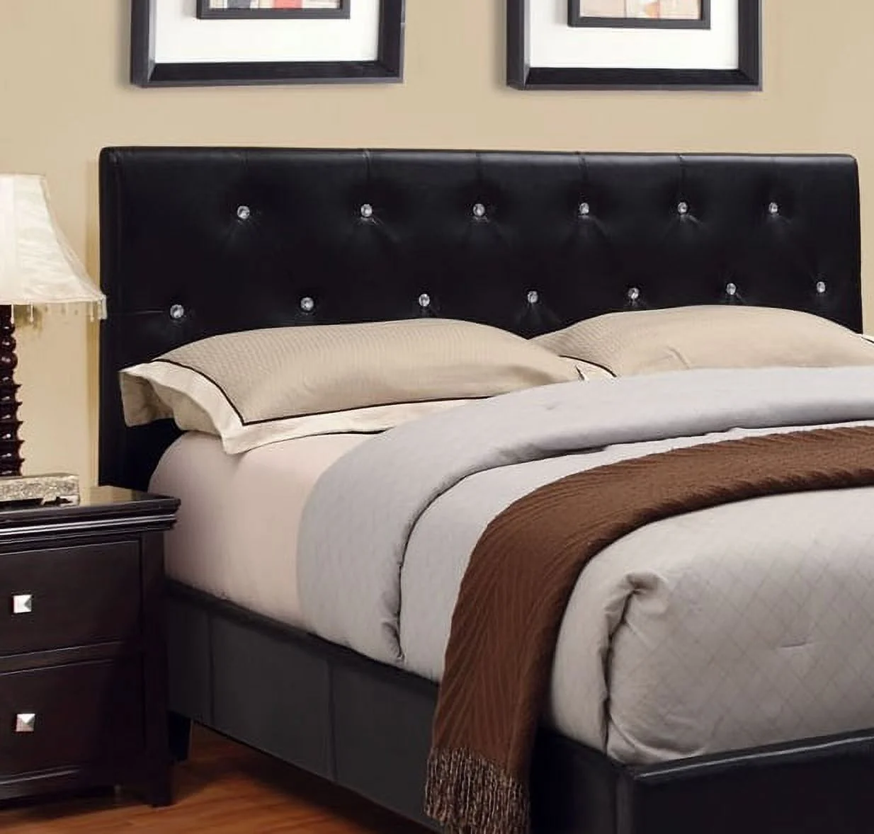 Contemporary Leatherette Padded Tufted Crystal Like Button Platform Queen Size Bed European Style Black Color Wooden Bedroom Furniutre 1pc Bedframe