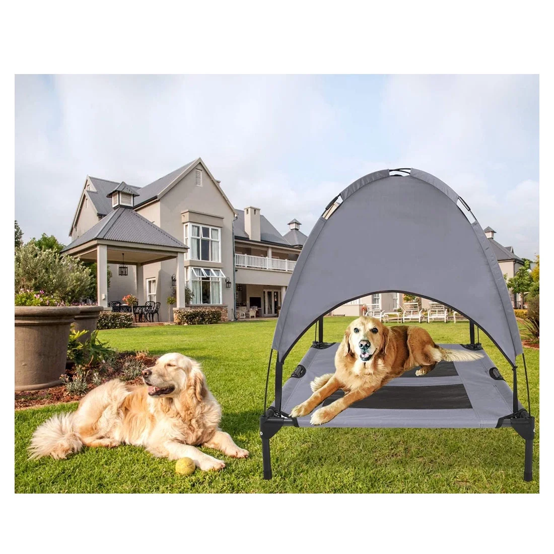 PawfectPals Portable Cooling Waterproof Elevated Heavy Duty Camping Pet Bed and Cot with Detachable Shade for Indoor and Outdoor use (Large)
