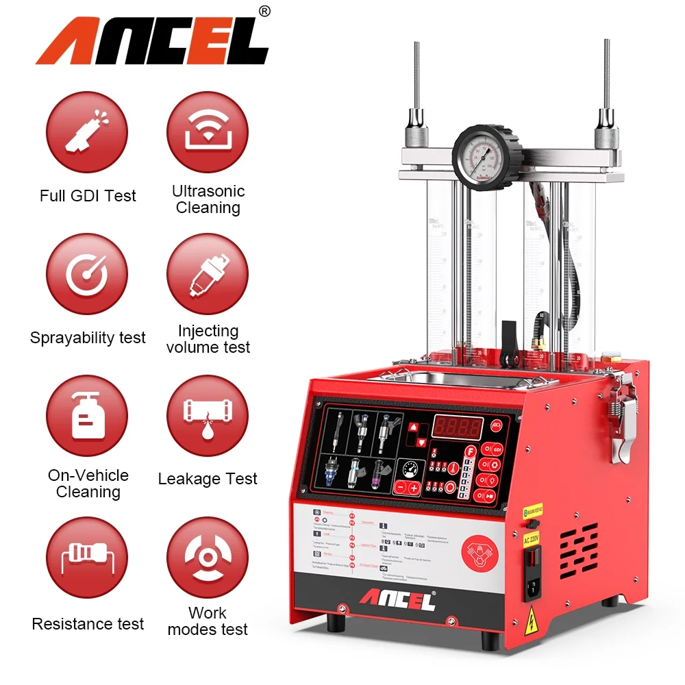 Ancel AJ400 GDI Fuel Injector Cleaner Tester 4 Cylinders Automotive Injector Ultrasonic Cleaning Automobile Injector Flow Leak Test Clean Equipment for Car GDI Injector Cleaning Testing Machine