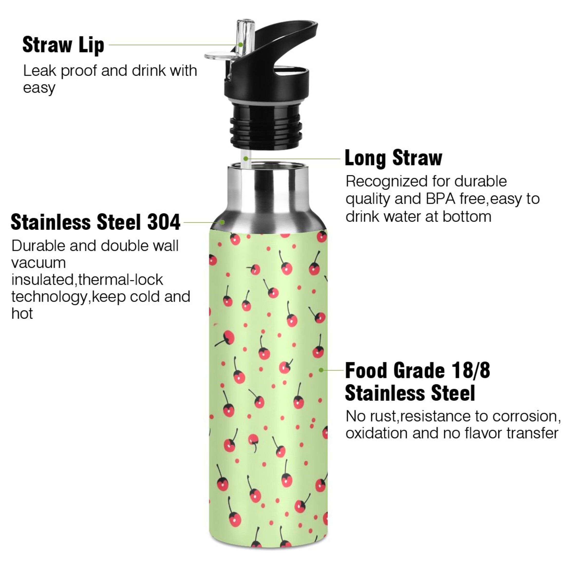 Cherry Fruits Water Bottles Insulated Thermos Kids Stainless Steel Bottle with Straw Lid Flask Leakproof for Sports Gym 20 oz
