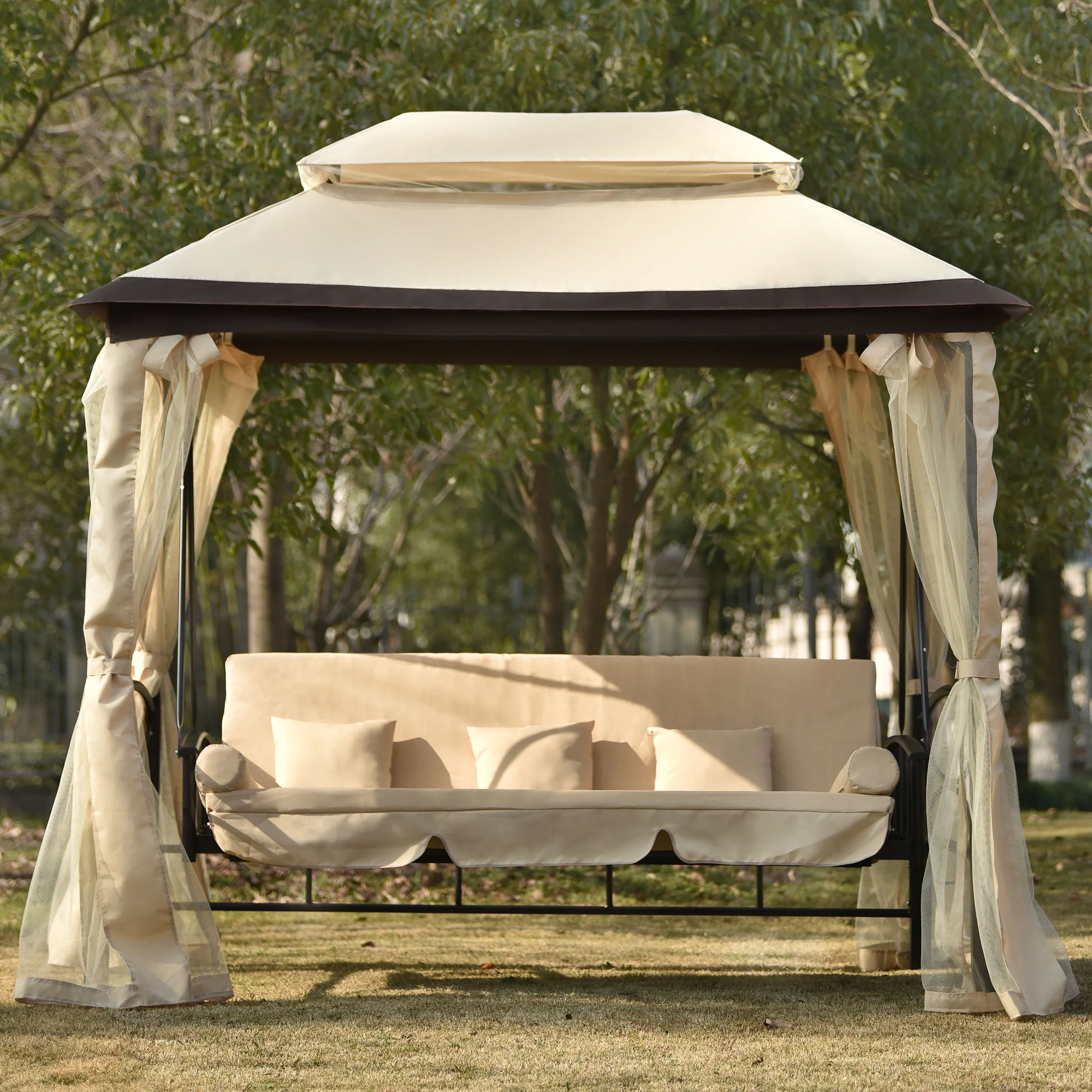 Algherohein Outdoor Canopy Swing Bed, 3 Seat Patio Gazebo Swing Chair for Balconies, Gardens,Beige