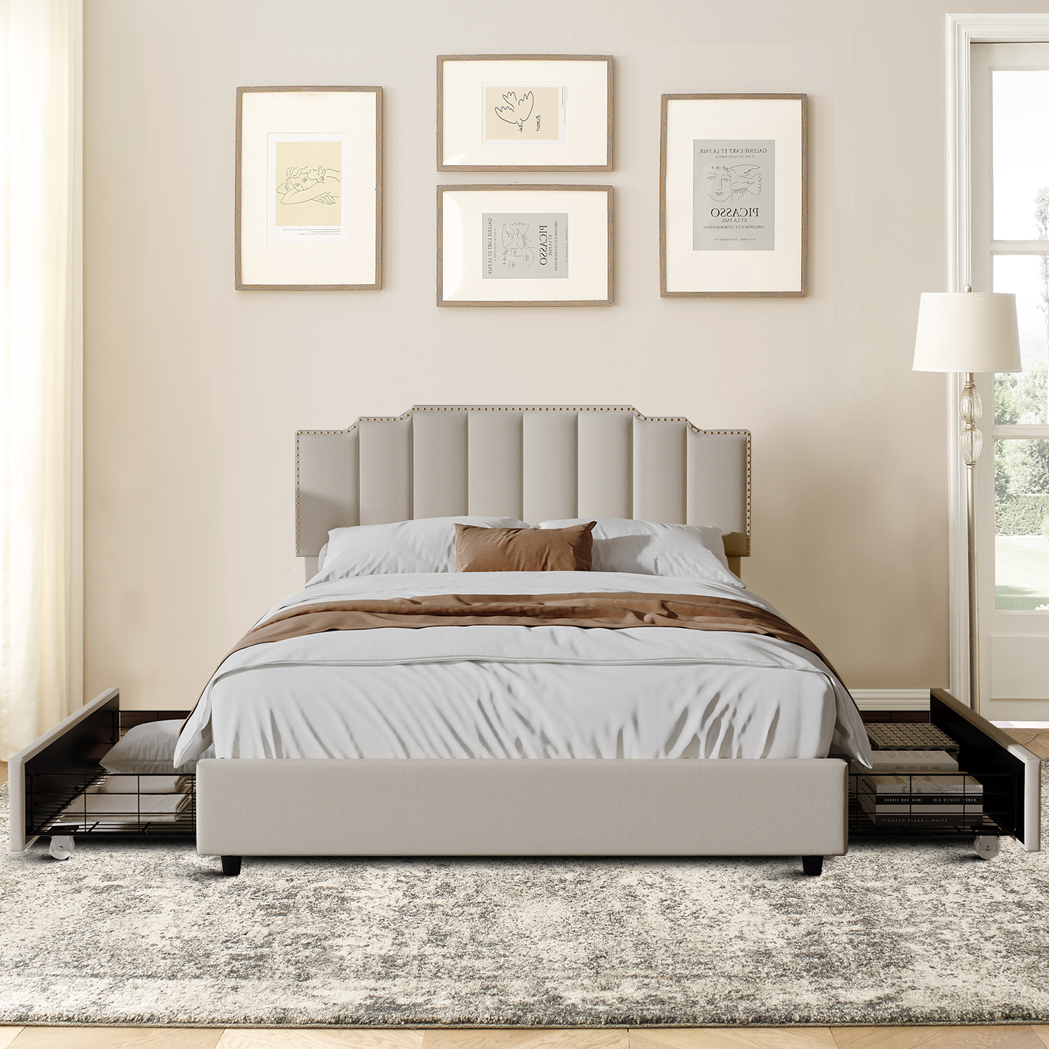 Classic and Elegant Queen Size Linen Fabric Upholstered Platform Bed with Rivets Design and Wooden Frame, Beige
