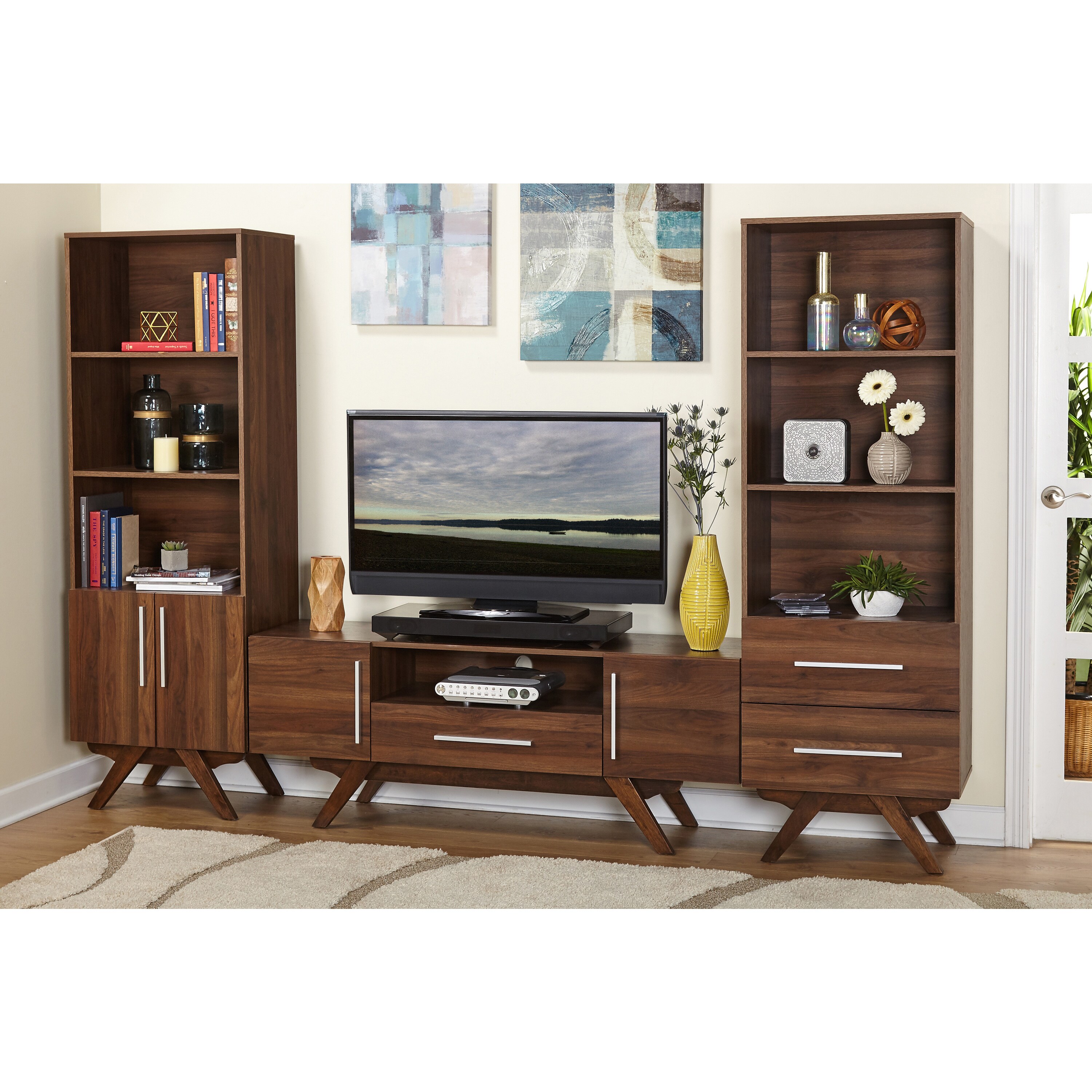 Simple Living  Ashfield Mid Century Walnut finish Bookshelf Tower with Two (2) drawers