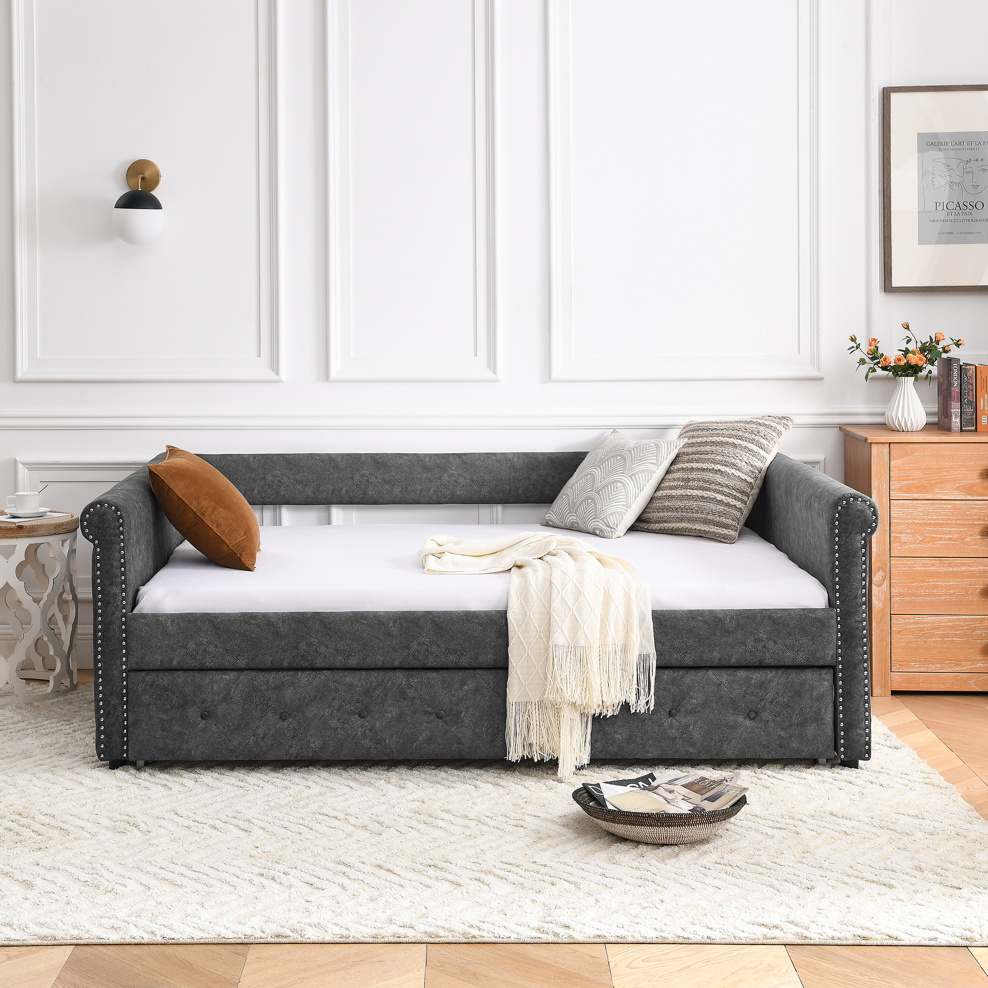 Daybed with Trundle - Upholstered Tufted Sofa Bed, Full Daybed & Twin Trundle, Grey with Button and Copper Nail on Arms (85.5