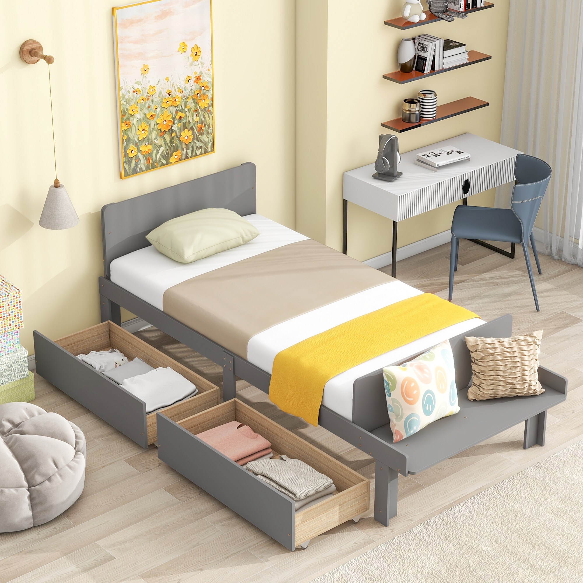 Kichae Twin Bed with Footboard Bench and 2 drawers Grey - Twin