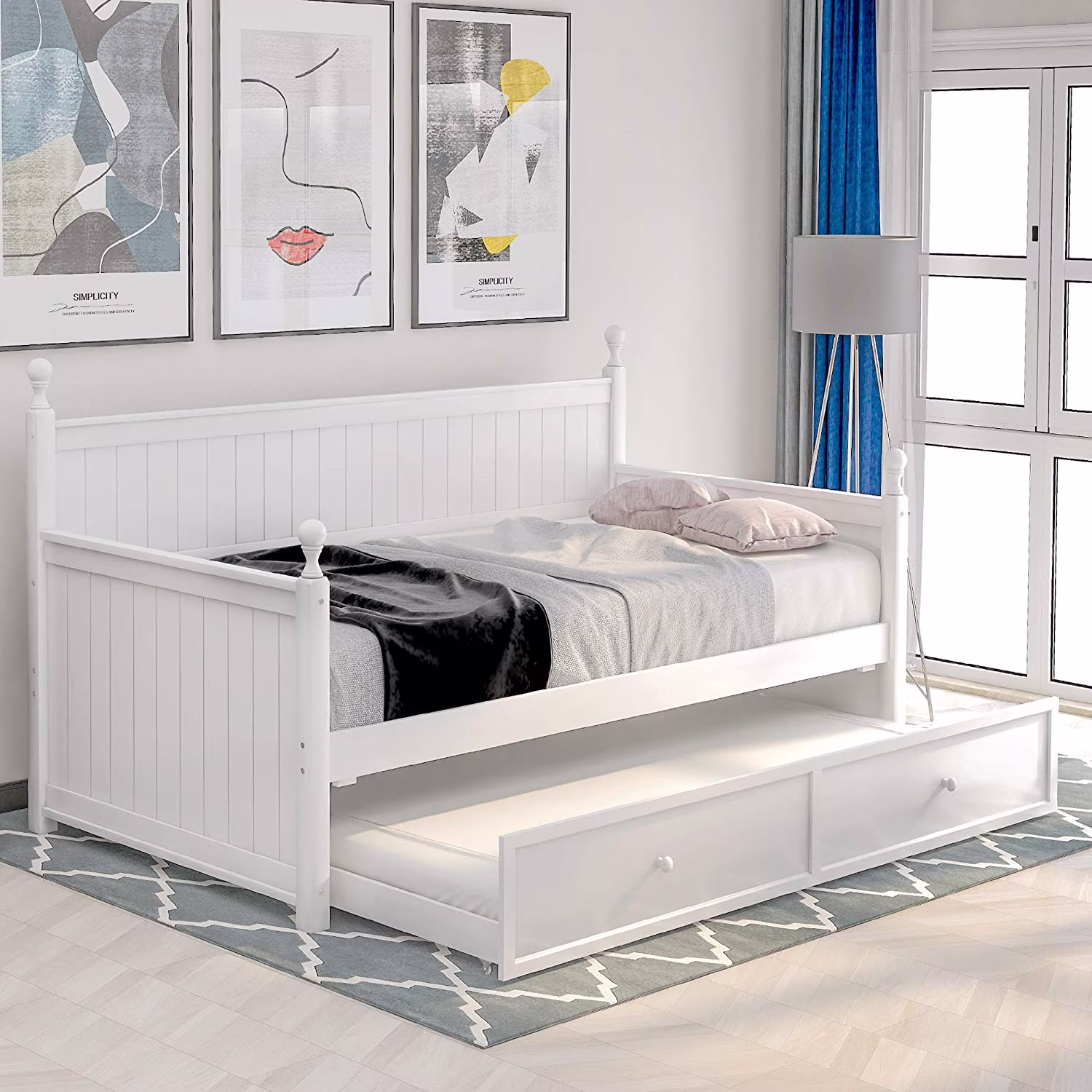 Wood Daybed With Trundle, Size Sofa Bed Frame, Modern Daybed For Kids Teens Adults, No Box Spring Needed (White)
