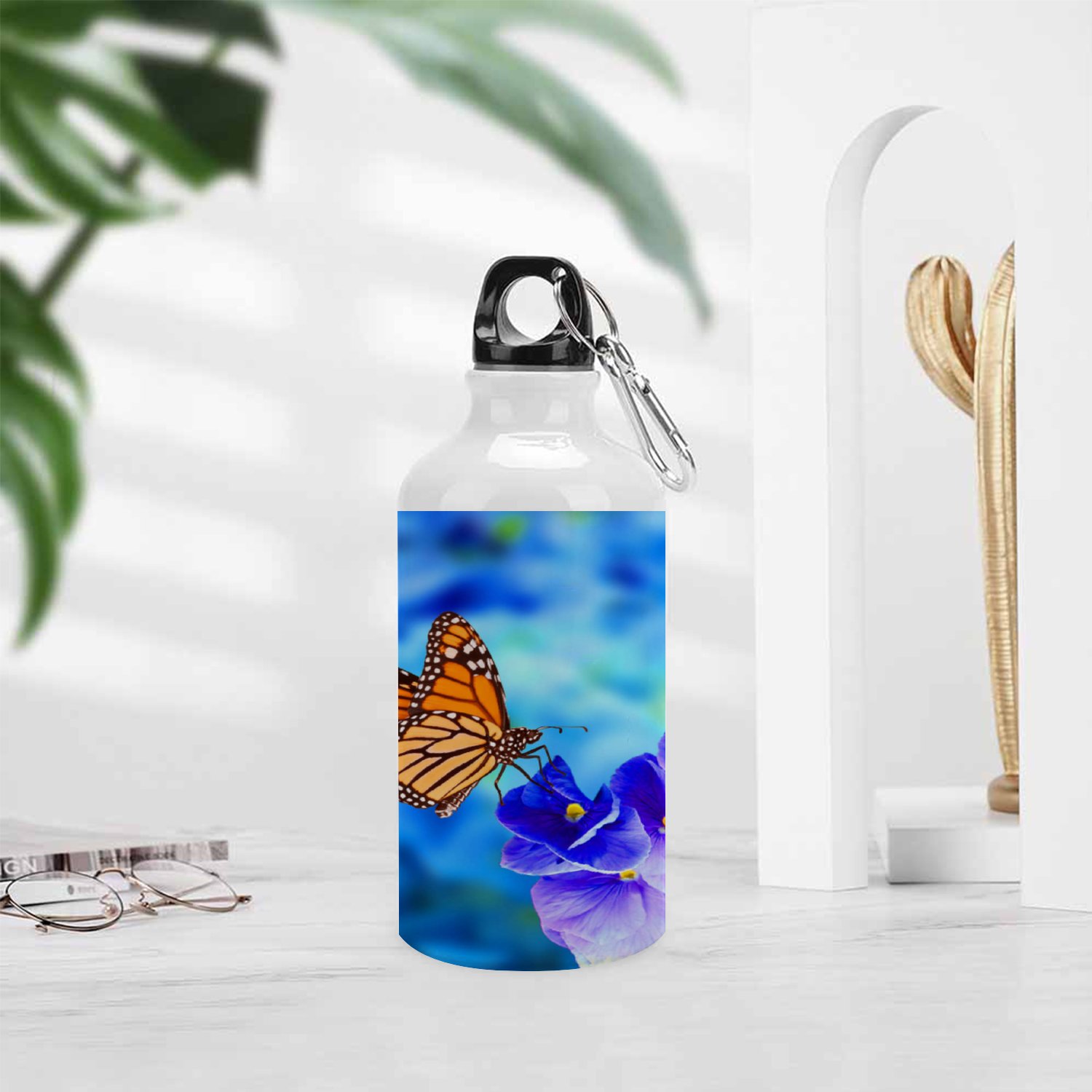 SKYSONIC 400ml Sport Aluminum Water Bottle,Butterfly Flower,Sport Multipack Leak Proof Easy Carry Travel Bottle with Twist Cap for Gym Hiking Camping Running Bike Outdoor