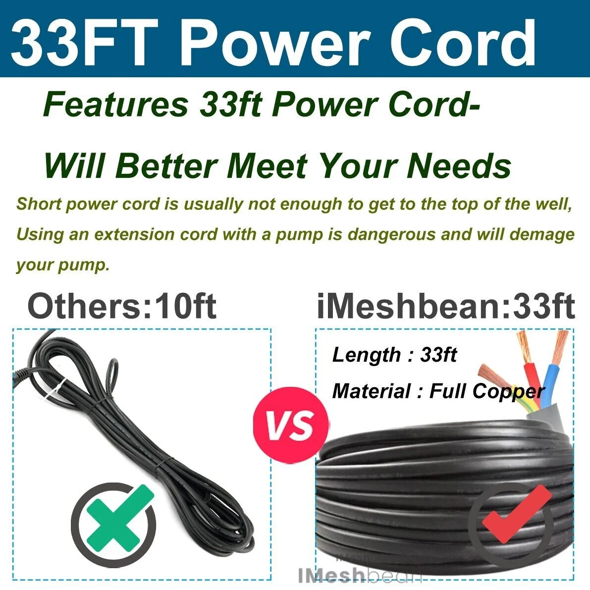 iMeshbean Deep Submersible Well Pump 1/2HP 25GPM 150ft Head with 33ft Electric Cable,220V 1-1/4