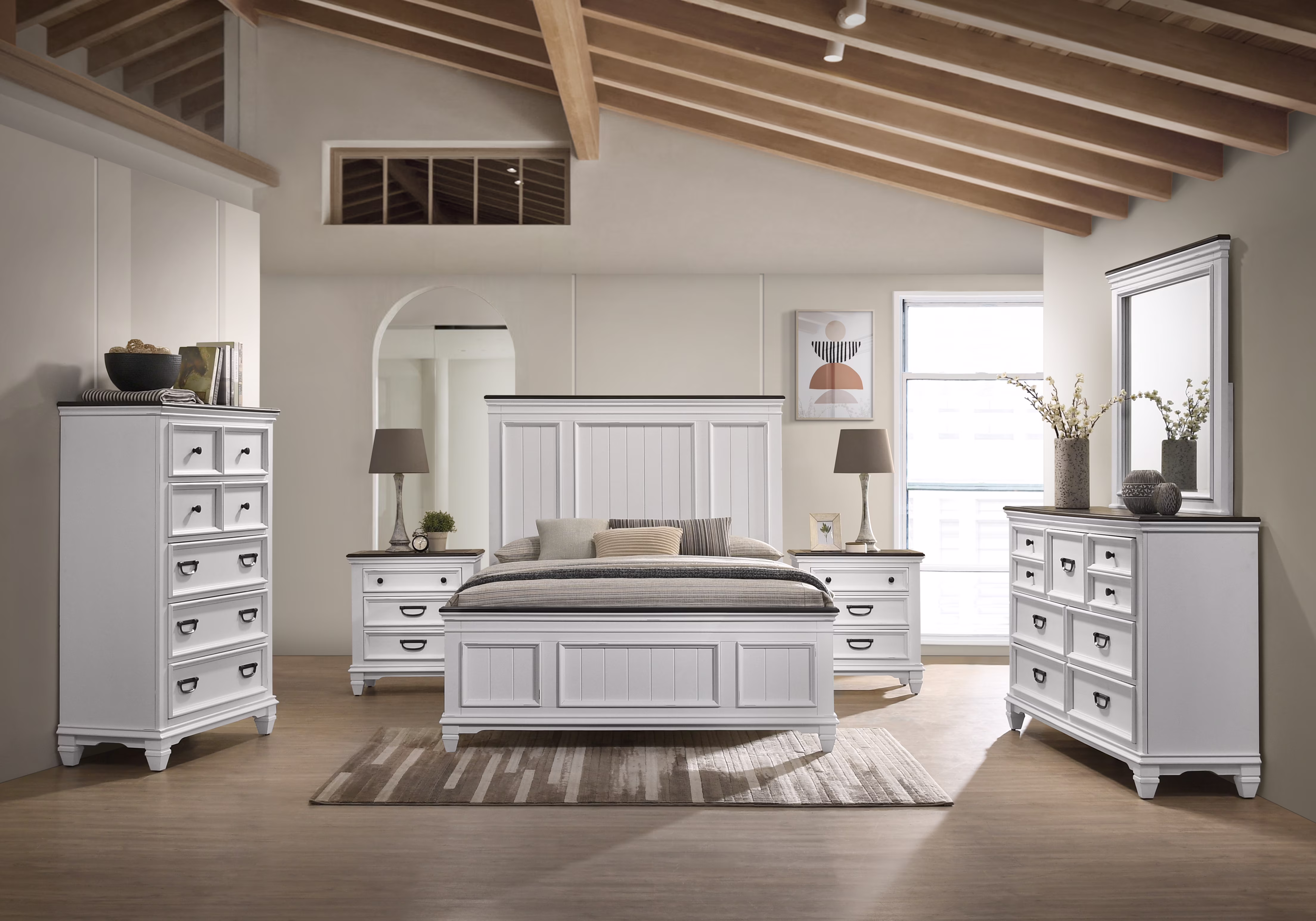 Roundhill Clelane Weathered White and Gray Finished 6-Piece Bedroom Set, Shiplap Panel Queen
