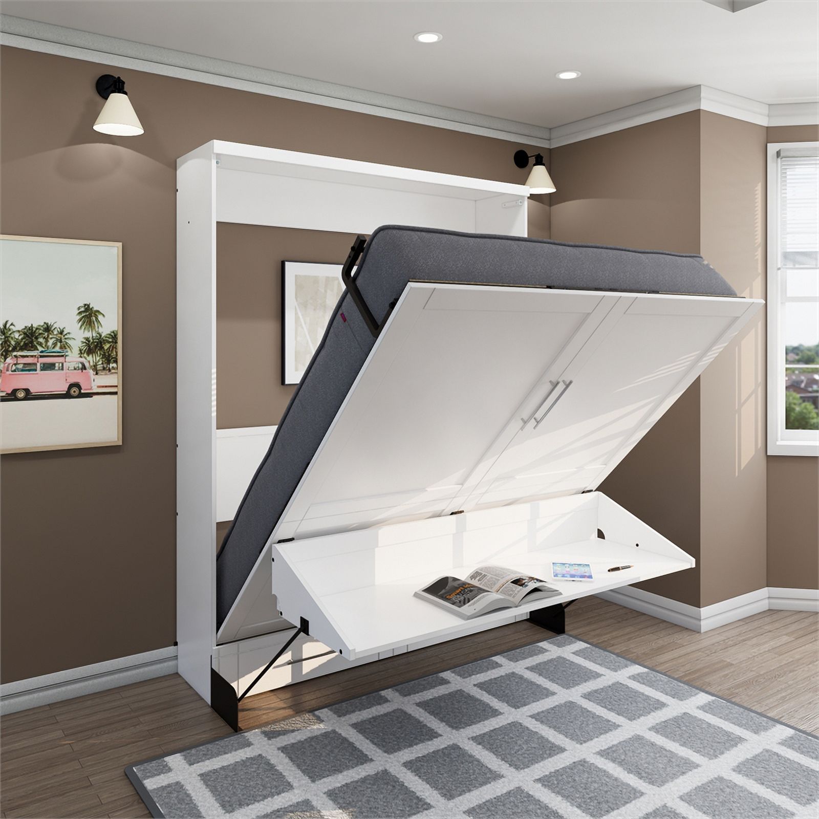 RoomAndLoft Brentwood Queen Solid Wood Murphy Wall Desk Bed in White