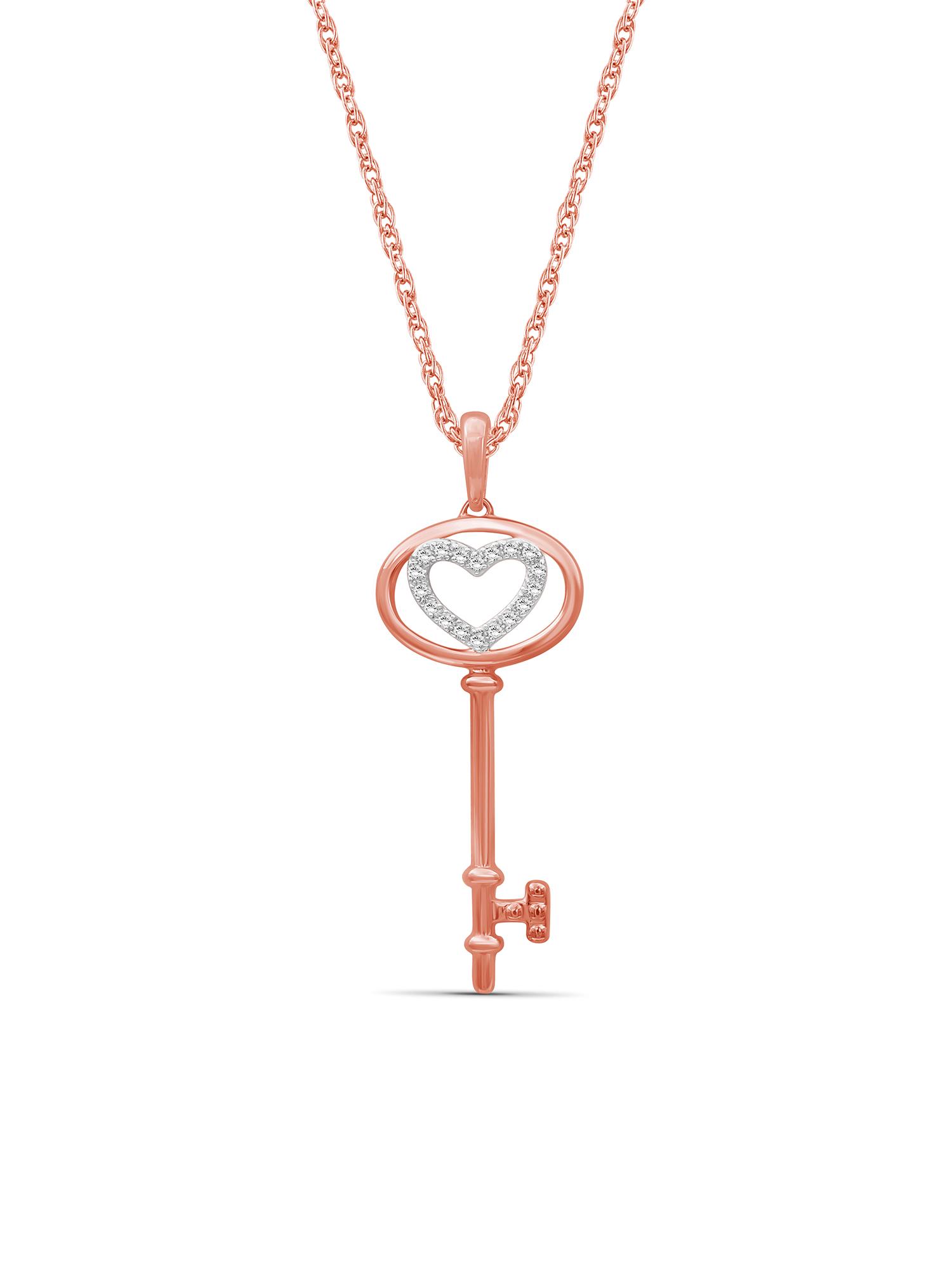 Silver Chain Necklace for Women – Rose Gold Over Silver Key Necklace with Sparkling Genuine 0.10 CTW White Diamonds – Chic, Stunning Silver Statement Necklace Gifts by JewelersClub