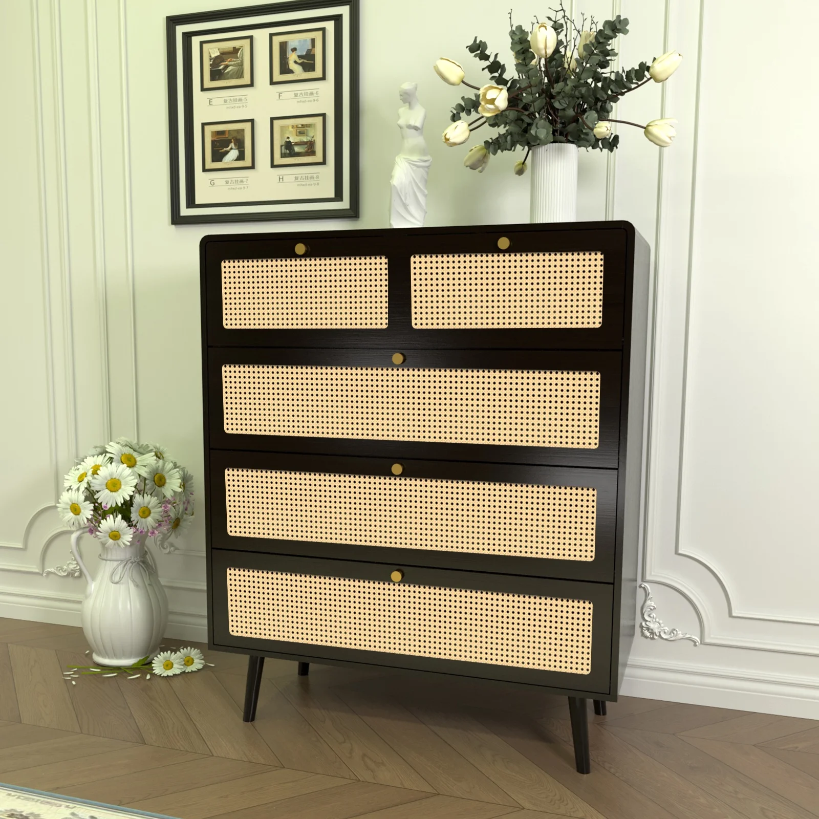 Rattan 4 Drawer Tall Dresser for Bedroom,Mid Century Modern Wood Boho Dresser,Small Dresser Chest of Drawers with Metal Handles & Wood Legs(black+beige)