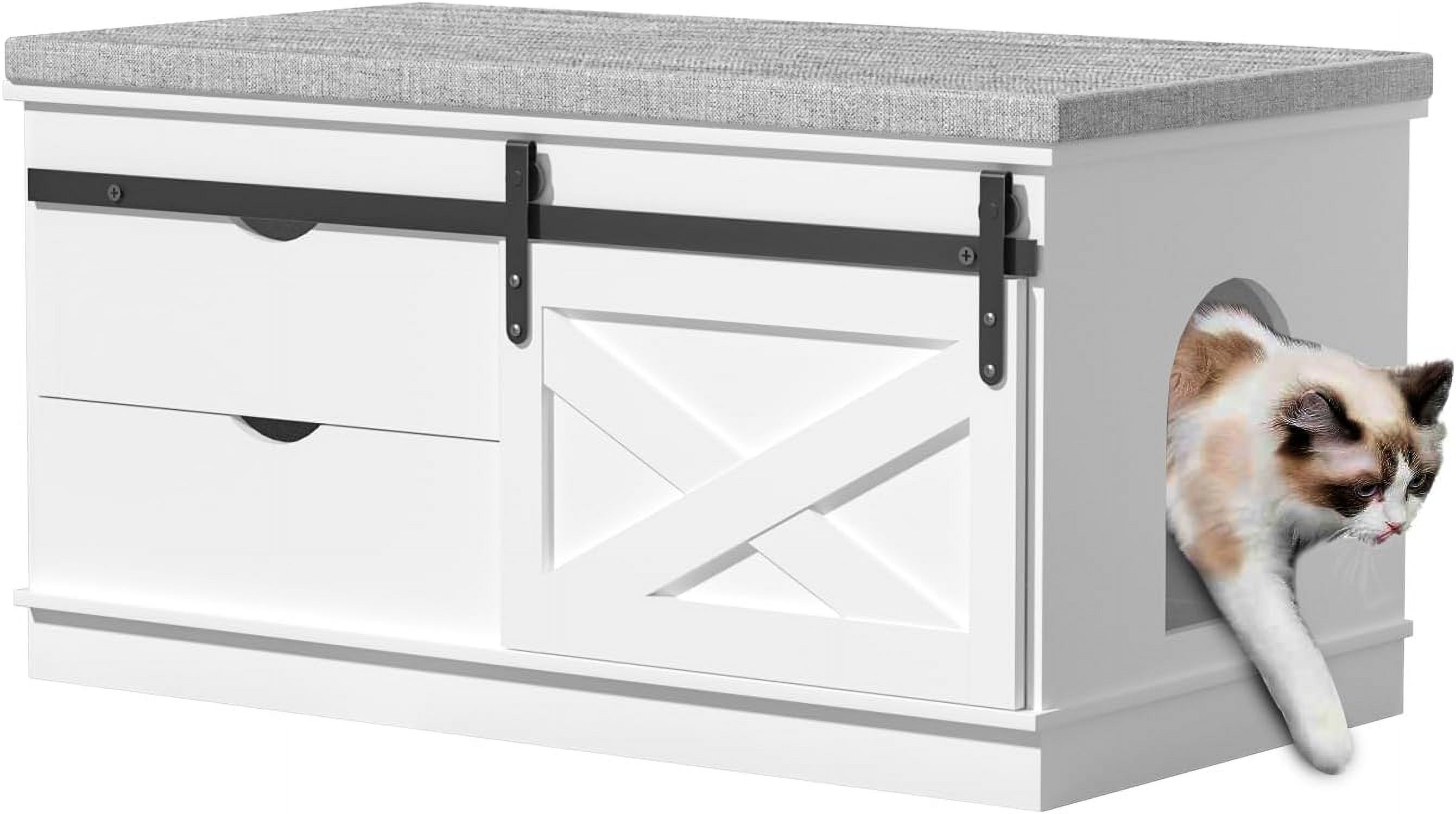 Cuoote Cat Litter Box Enclosure with Shelf Storage, 37.4'' L Cat Litter Box Furniture with Sliding Barn Door, Hidden Litter Box Furniture with 2 Drawers (White)