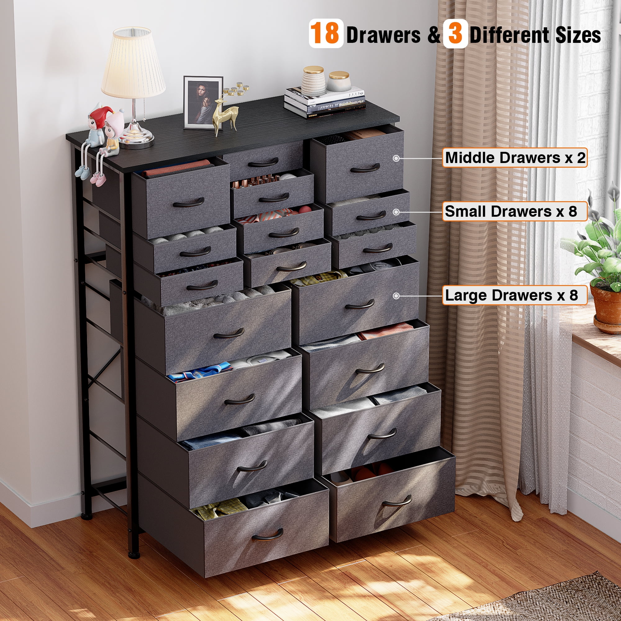 GIKPAL Dressers for Bedroom, Chest of Drawers Dresser with 18 Drawers Fabric Tall Dresser, Steel Frame Wooden Top, Gray