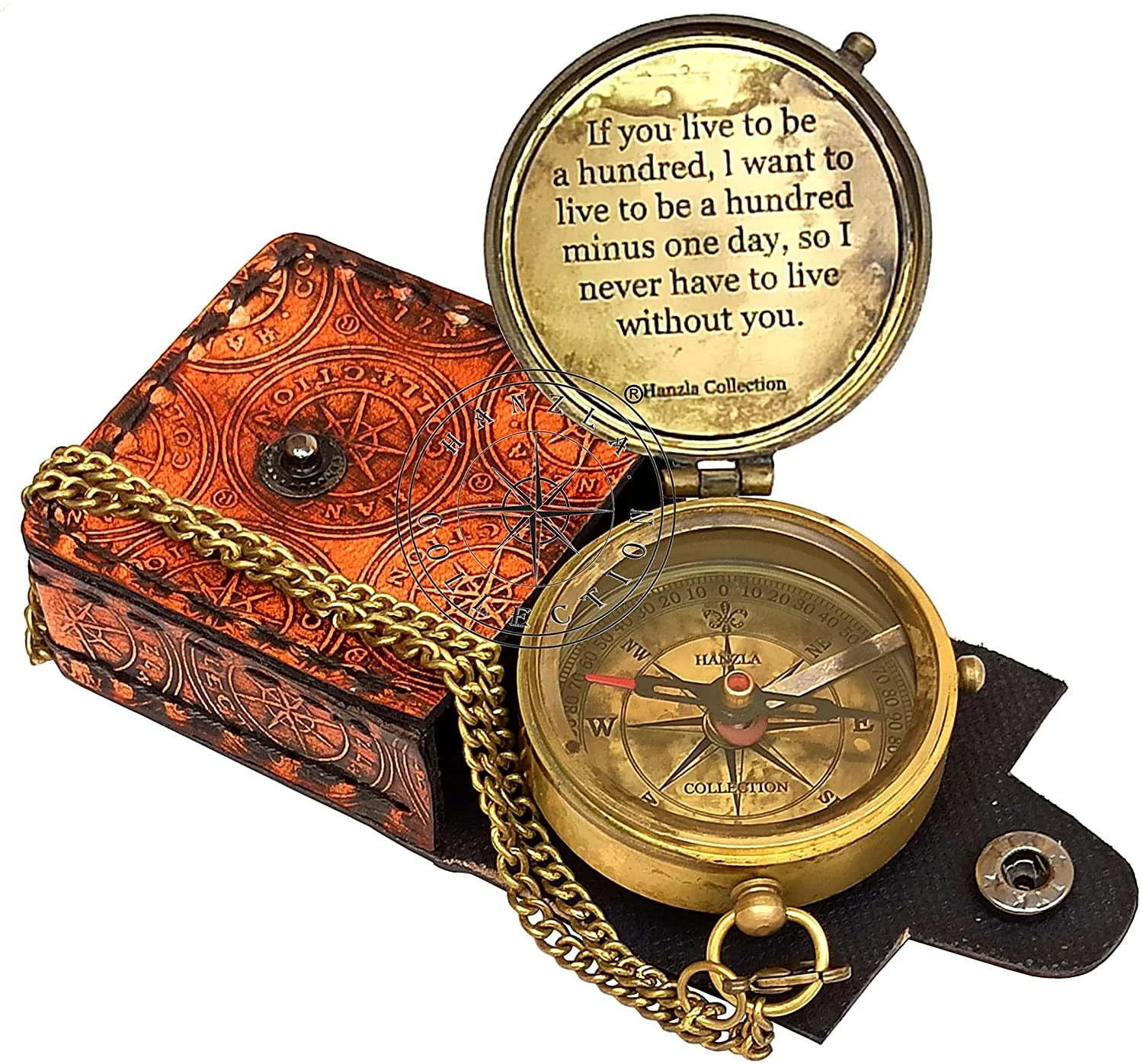 Dream Withour Fear Love Without Limits Engraved Brass Compass Camping Compass Pocket Gift for Lovers with Leather Case