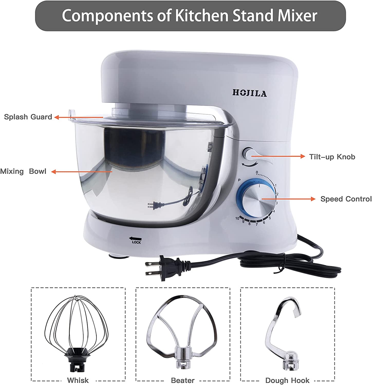 HOJILA 4.7QT 10 Speed 380W White Professional Stand Mixer