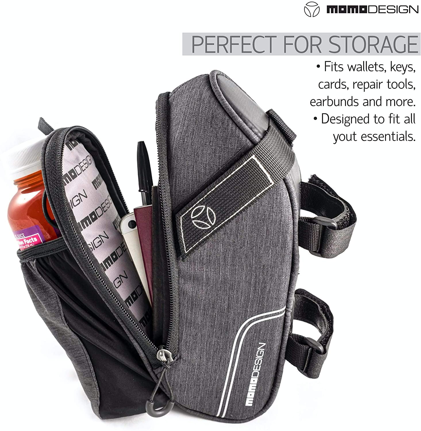 MOMODESIGN Bike • Saddle Bag with Bottle Holder & Light • Universal Mounting • Bag Weather Safe & Water Resistant • Reflective Design • Bottle Holder • Capacity of 1.8 L