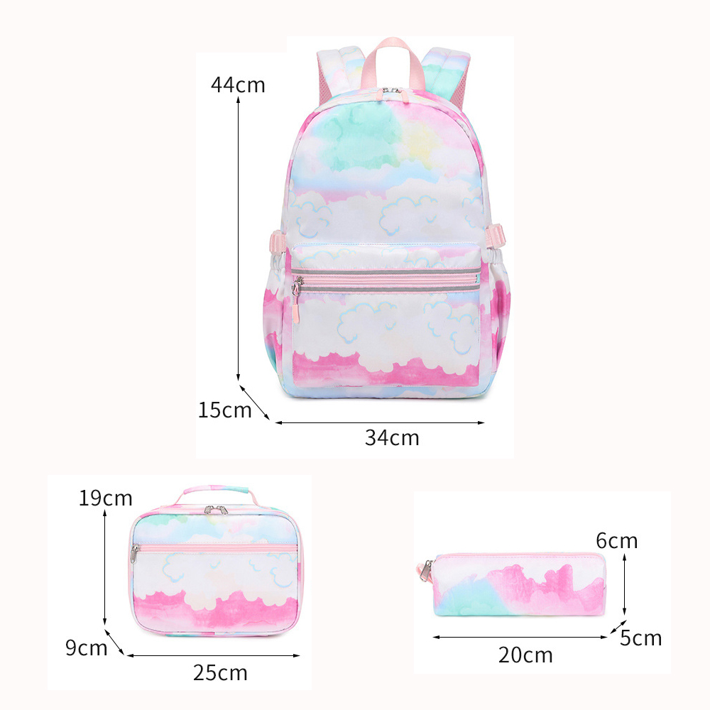 CJUAN Girls Backpack with Lunch Box Pencil Case 3-Piece Set Waterproof School Bags Kids Lightweight Travel Bag Fashion printed Bookbag (Purple)