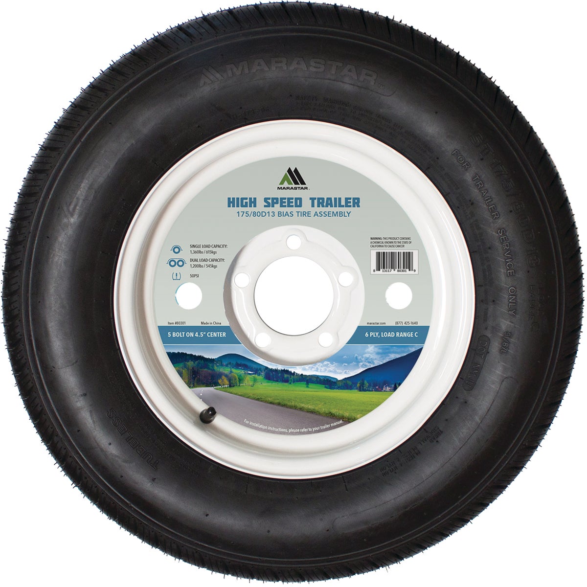 Marastar 175/80D13 Load Range C 5-Lug Trailer Tire and Wheel 80301