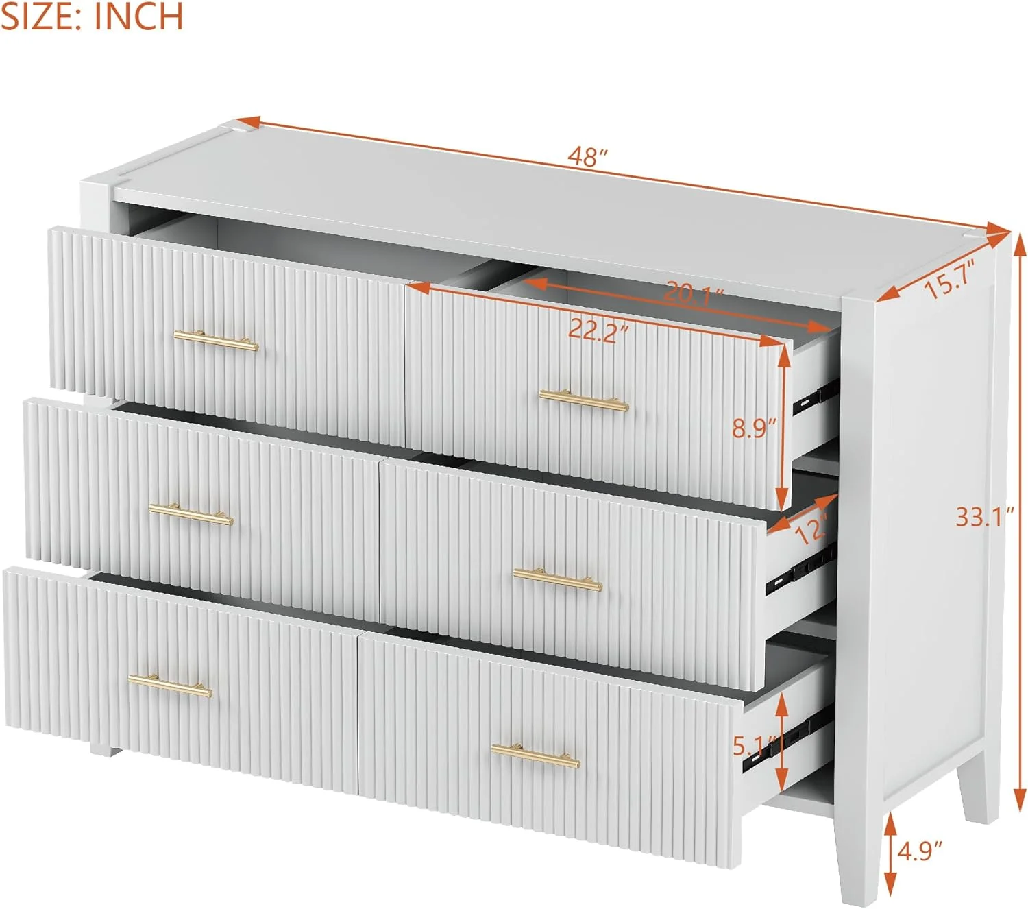 6 Drawer Double Dresser, Modern Farmhouse Chest of Drawers, Wide Dressers Organizer, Accent Wood Storage Cabinet with Vertical Stripe Finish Drawer for Living Room, Hallway