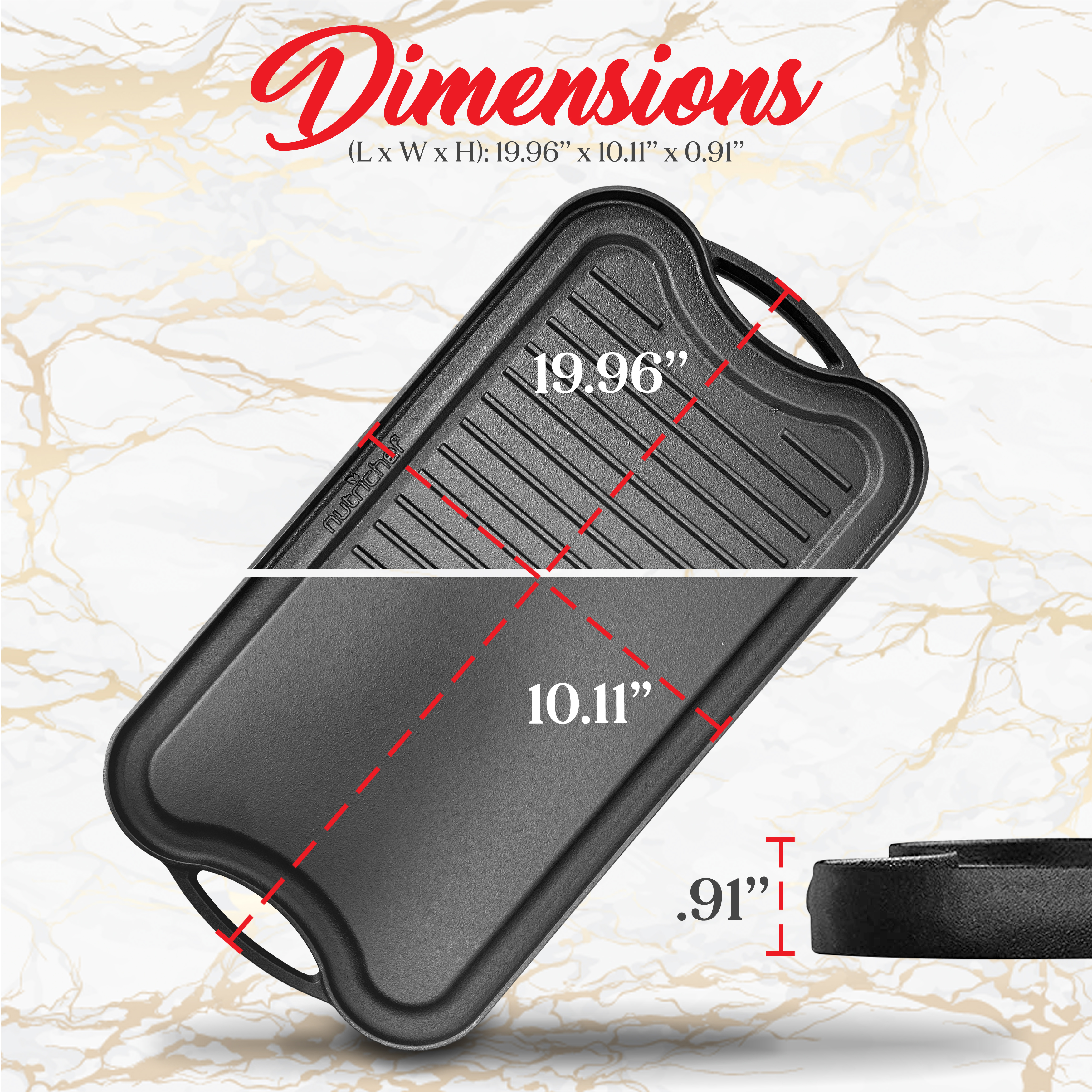 Cast Iron Reversible Grill Plate - PFOA & PFOS Free Oven Safe Flat Cast Iron Skillet Griddle Pan Grilling Pan w/ Scraper For Electric Stovetop, Ceramic - NutriChef NCCIRG64