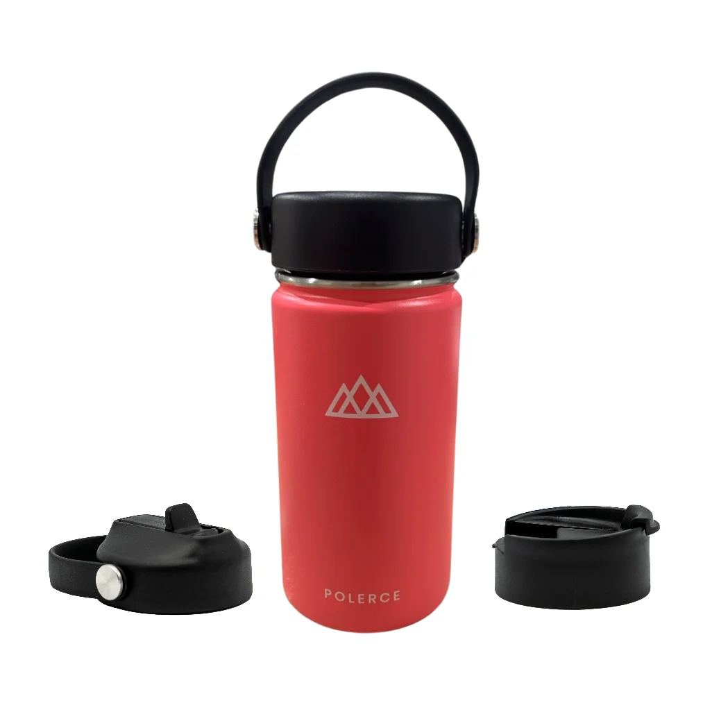 Vacuum Insulated Bottle with 3 Lids - Stainless Steel Thermally Insulated Flask - 12 OZ - Pink - by Polerce