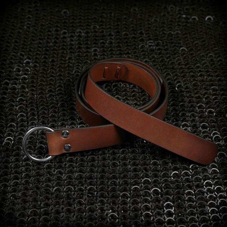 Mythrojan Leather Ring Belt Veg Tan Leather with Steel Ring Viking LARP Leather Belt