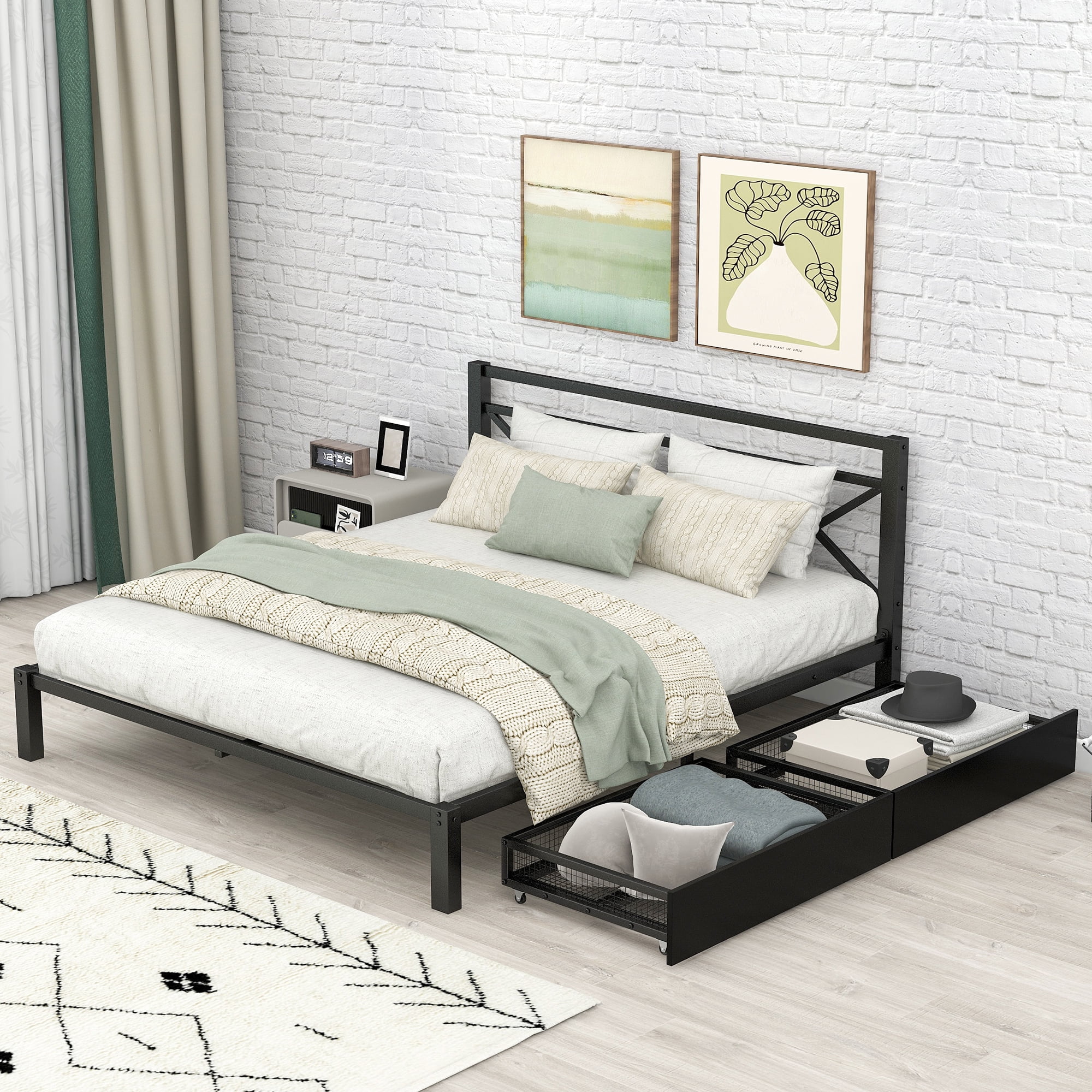 Metal Platform Bed Frame with 2 Drawers, Bed with Square Design Headboard and Footboard Mattress Foundation with Strong Steel Slats No Box Spring Needed Easy Assembly(Queen)