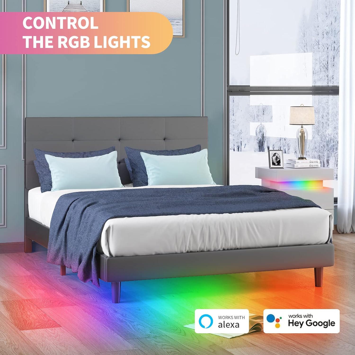Puremind Full Size Bed Frame with Smart RGB LED Lights Button Tufted Headboard PVC Fabric Upholstered Platform No Box Spring Needed - Grey