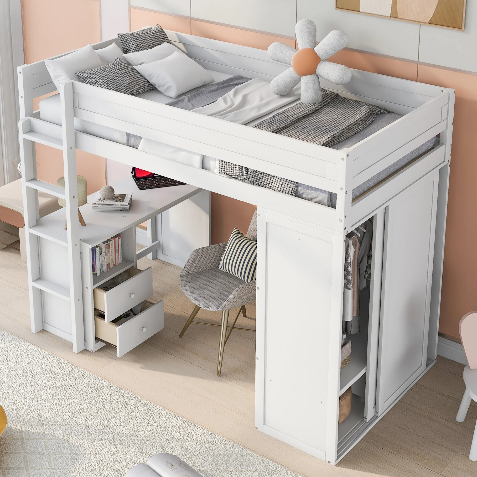 Dawn Whisper Wood Twin Size Loft Bed with Wardrobes and 2-Drawer Desk with Cabinet, White