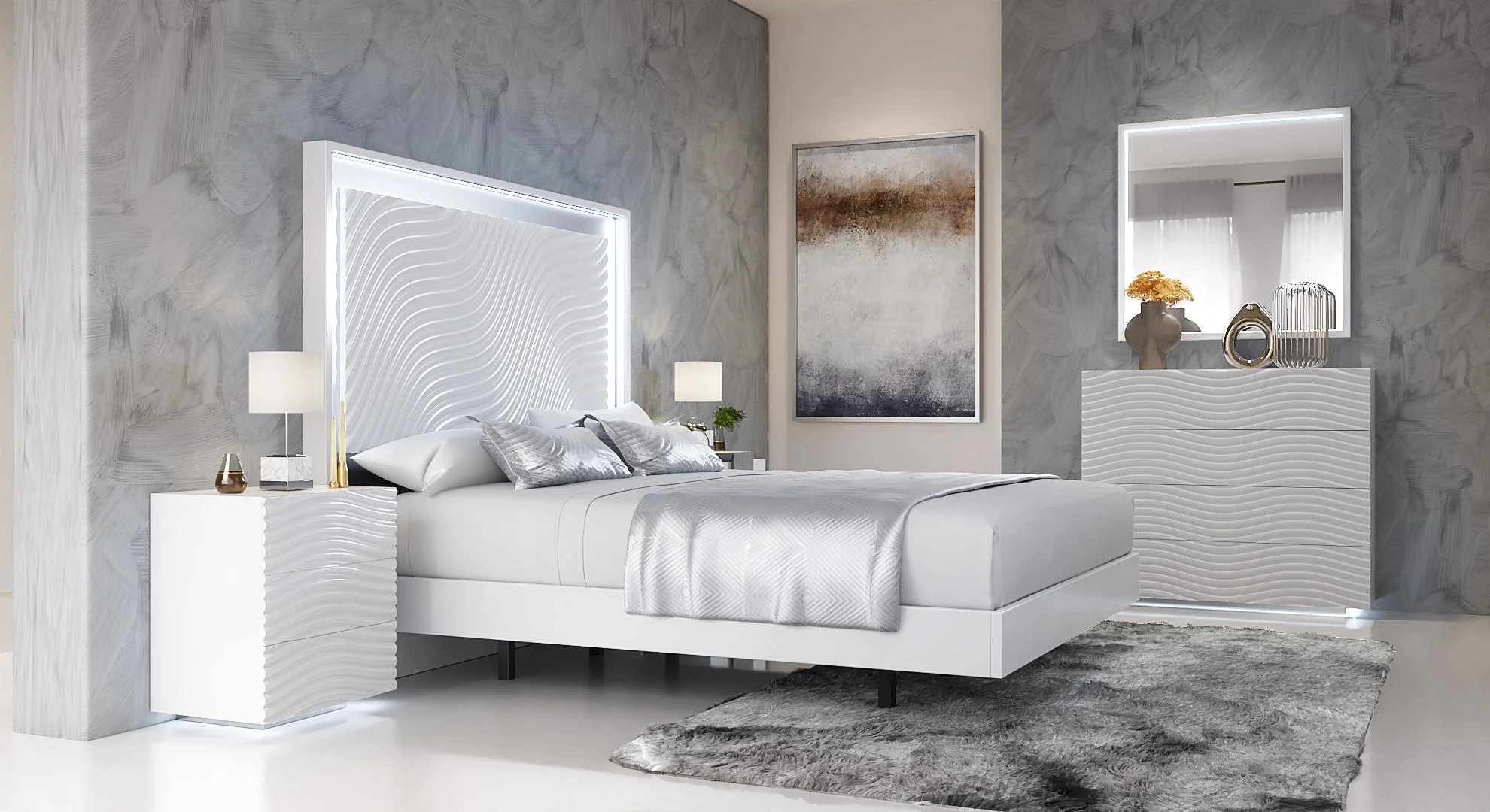 Glam Shiny White Queen Bedroom Set 5 WAVE ESF Contemporary Modern MADE IN SPAIN