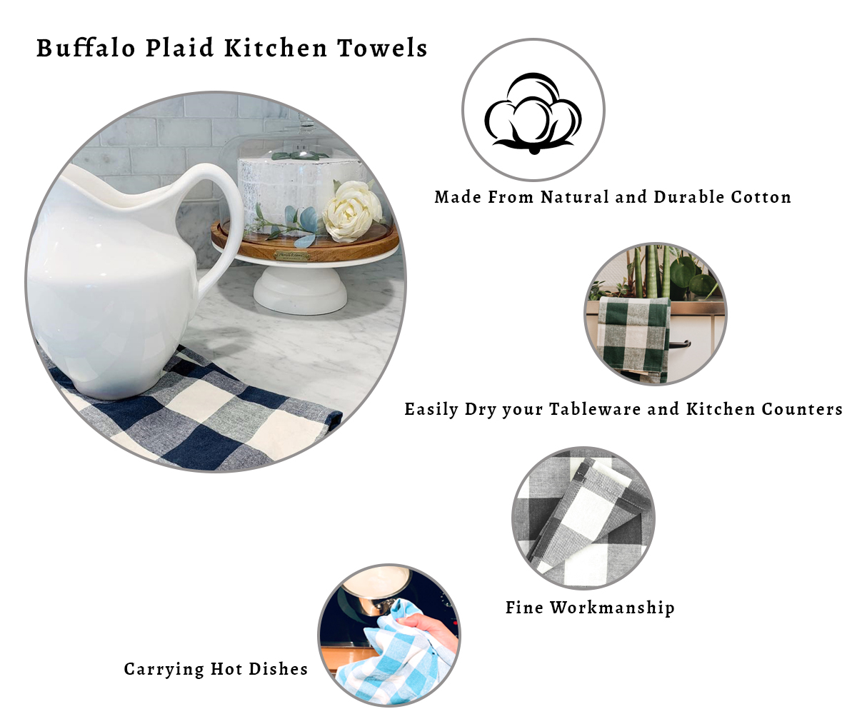 All Cotton and Linen Kitchen Towels, Cotton Dish Towels, Buffalo Plaid Hand Towels, Farmhouse Tea Towels, Set of 6, 18 x 28