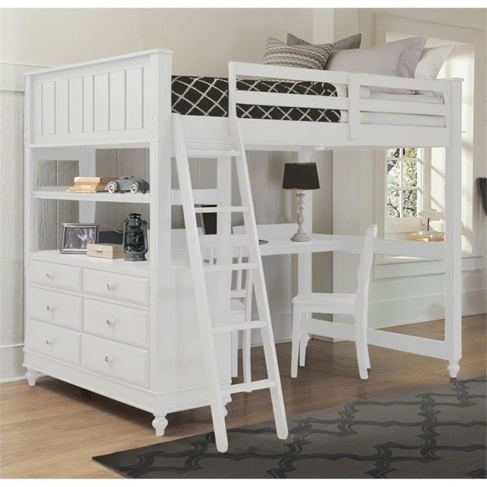 Pemberly Row Full Kids Wood Loft Bunk Bed with Desk and Dresser in White
