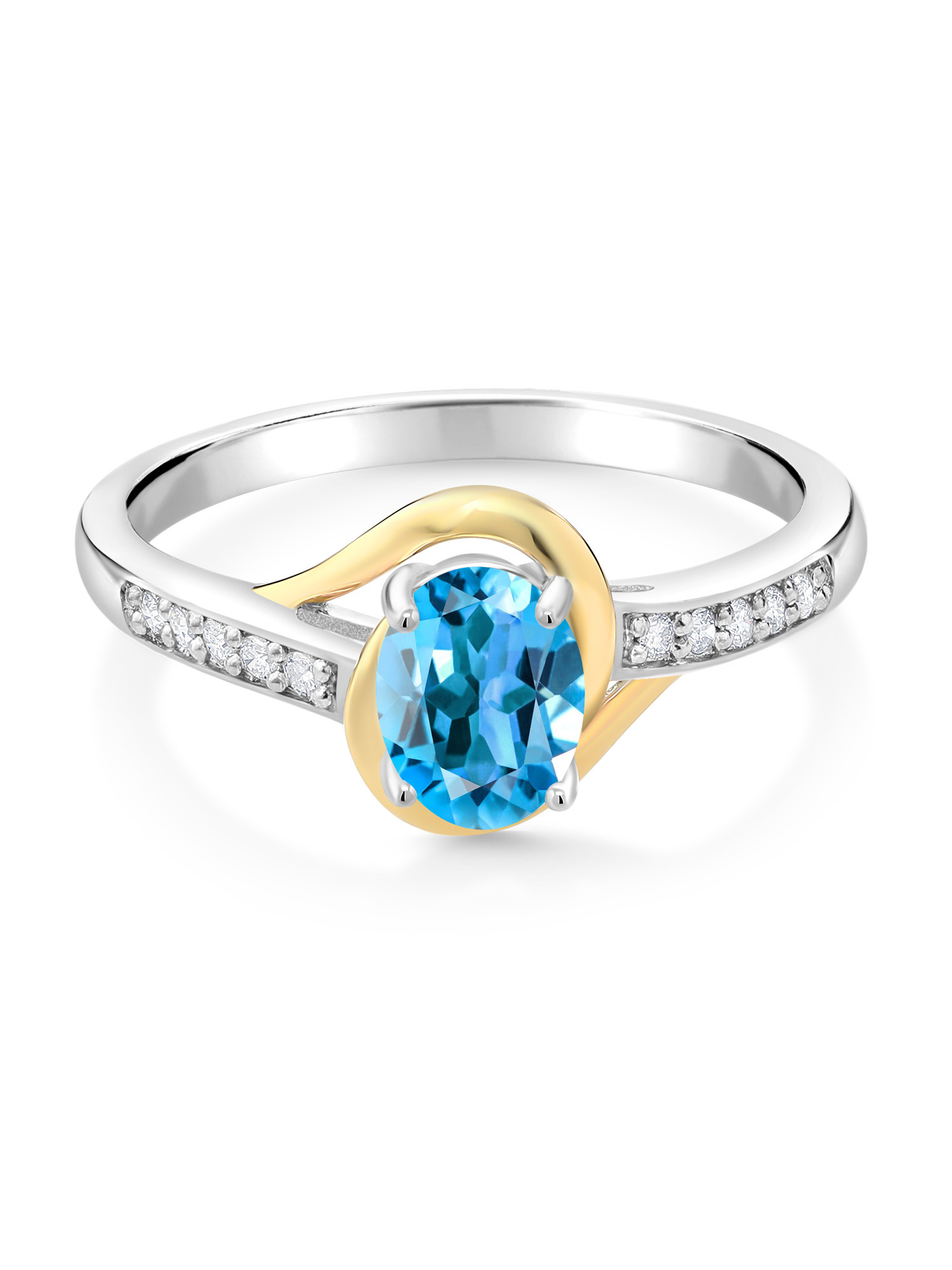 Gem Stone King 10K Yellow Gold and 925 Sterling Silver Swiss Blue Topaz and White Lab Grown Diamond Engagement Ring For Women (1.08 Cttw, Available In Size 5, 6, 7, 8, 9)