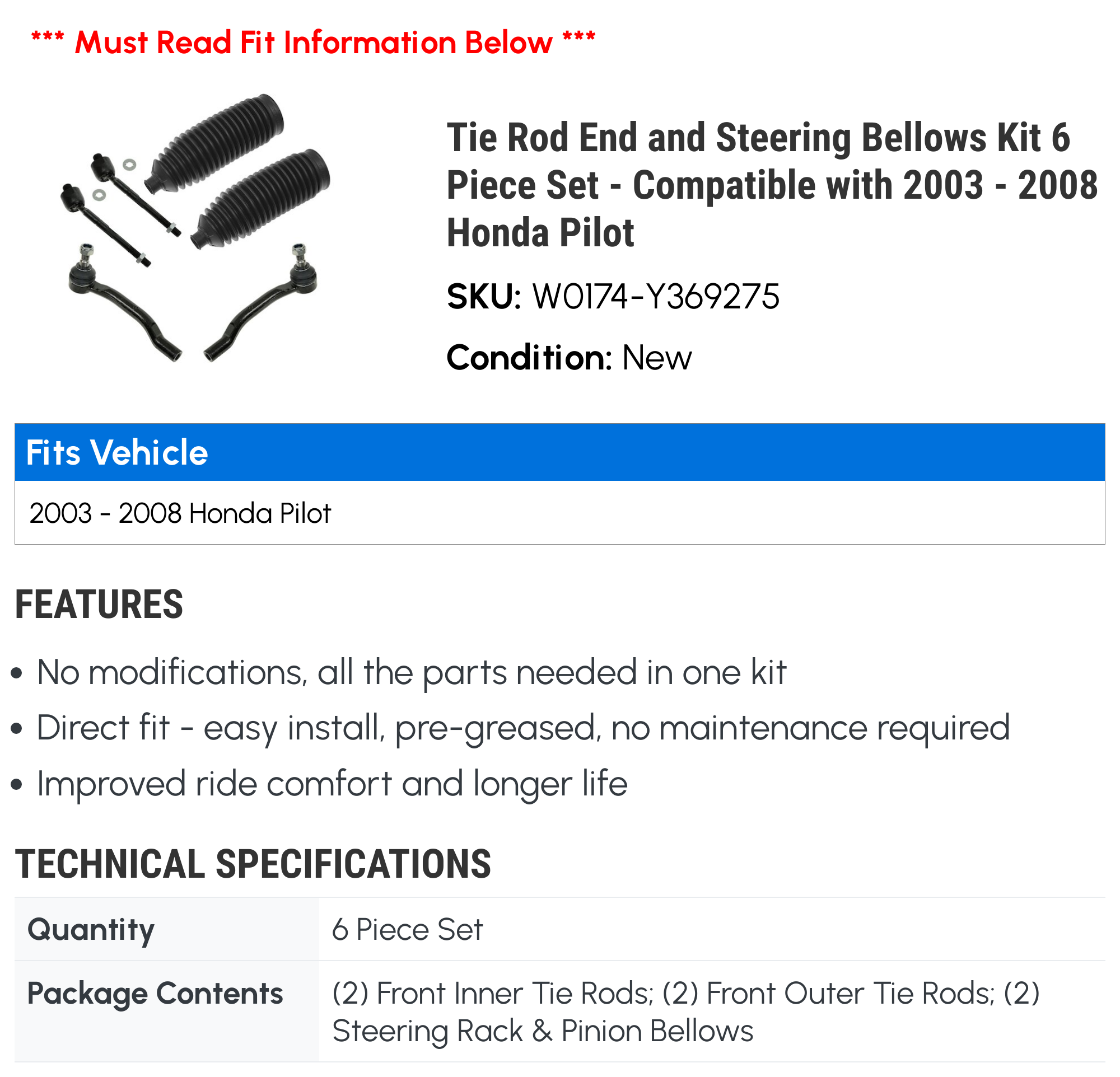 Tie Rod End and Steering Bellows Kit 6 Piece Set - Compatible with 2003 - 2008 Honda Pilot 2004 2005 2006 2007