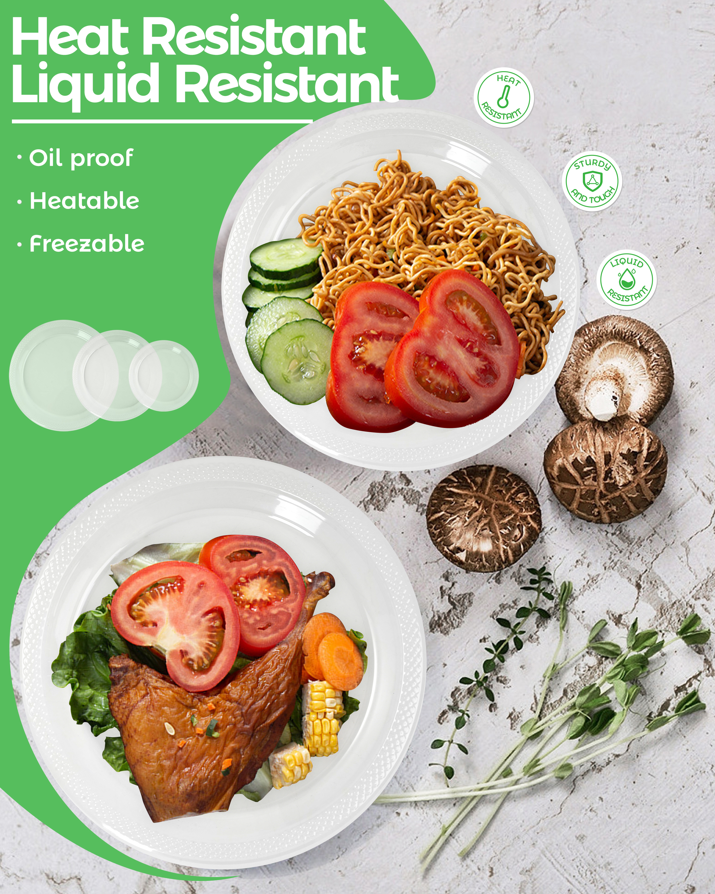 DF DUALFERV 100PCS Heavy Duty Clear Disposable Plates for Parties/Wedding, Including 40PCS 7inch, 35PCS 9inch, 25PCS 10inch Black Dinner Plates