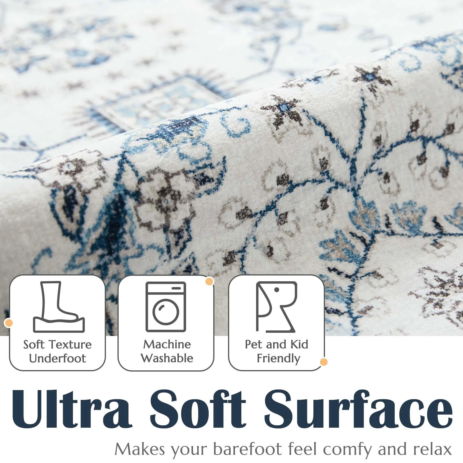 RUGKING Area Rug 8x10 Vintage Floral Print Rug Indoor Floor Cover Soft Thin Rug Retro Blue Country Boho Accent Rug for Bathroom Kitchen Bedroom Living Room