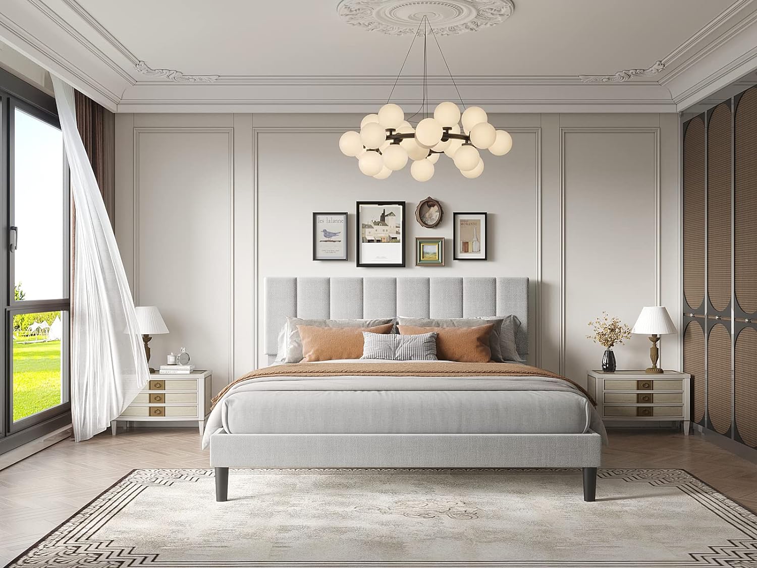 SHSHSIO Queen Size Bed Frame Modern Vertical Panel Upholstered Low Profile Platform with Tufted Headboard Linen Fabric Upholstery Light Grey (Queen Size)