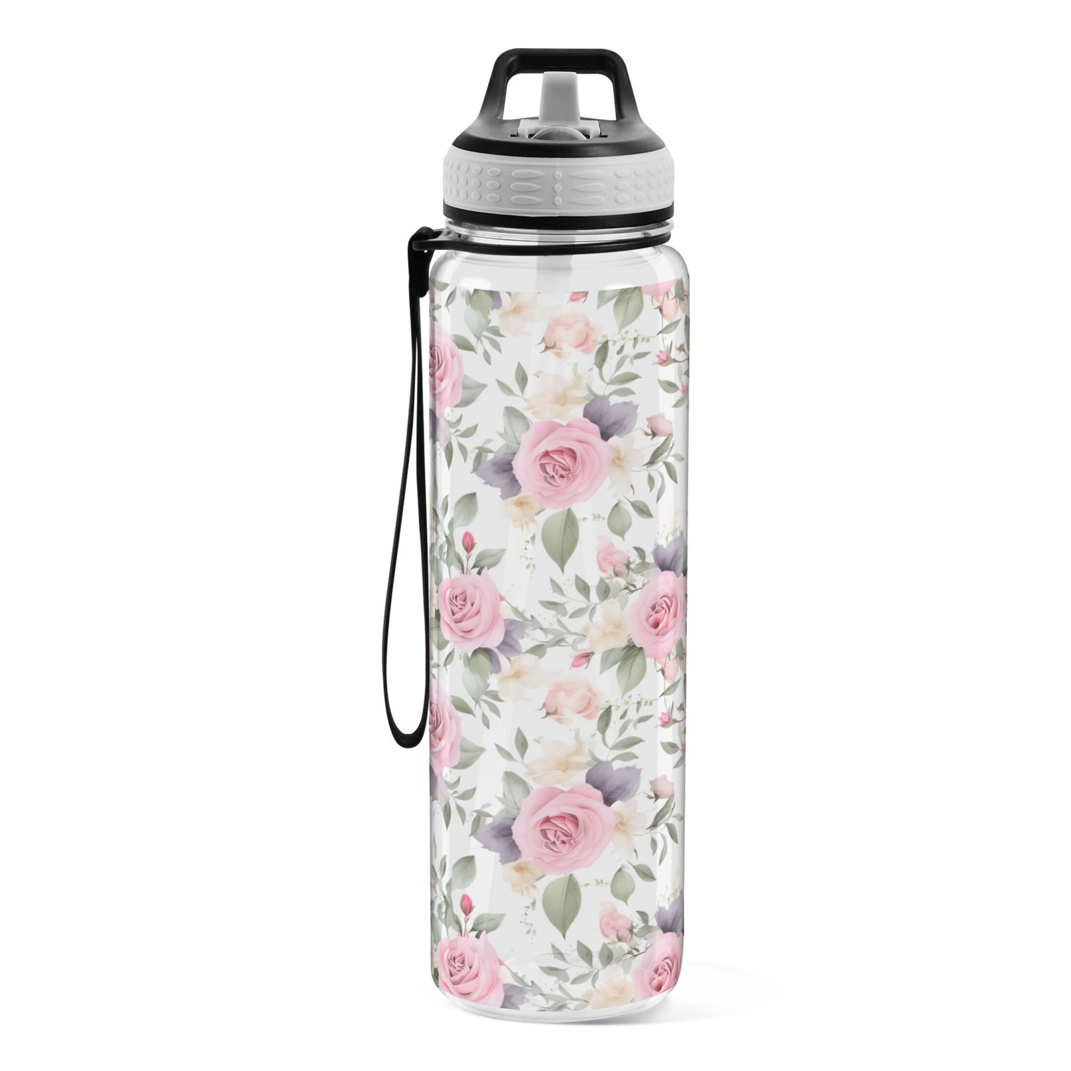 Rose Flowers Pink 32oz Water Bottles with Straw Tritan Leakproof Sports Bottle BPA Free Clear for Fitness Gym Swimming Cycling