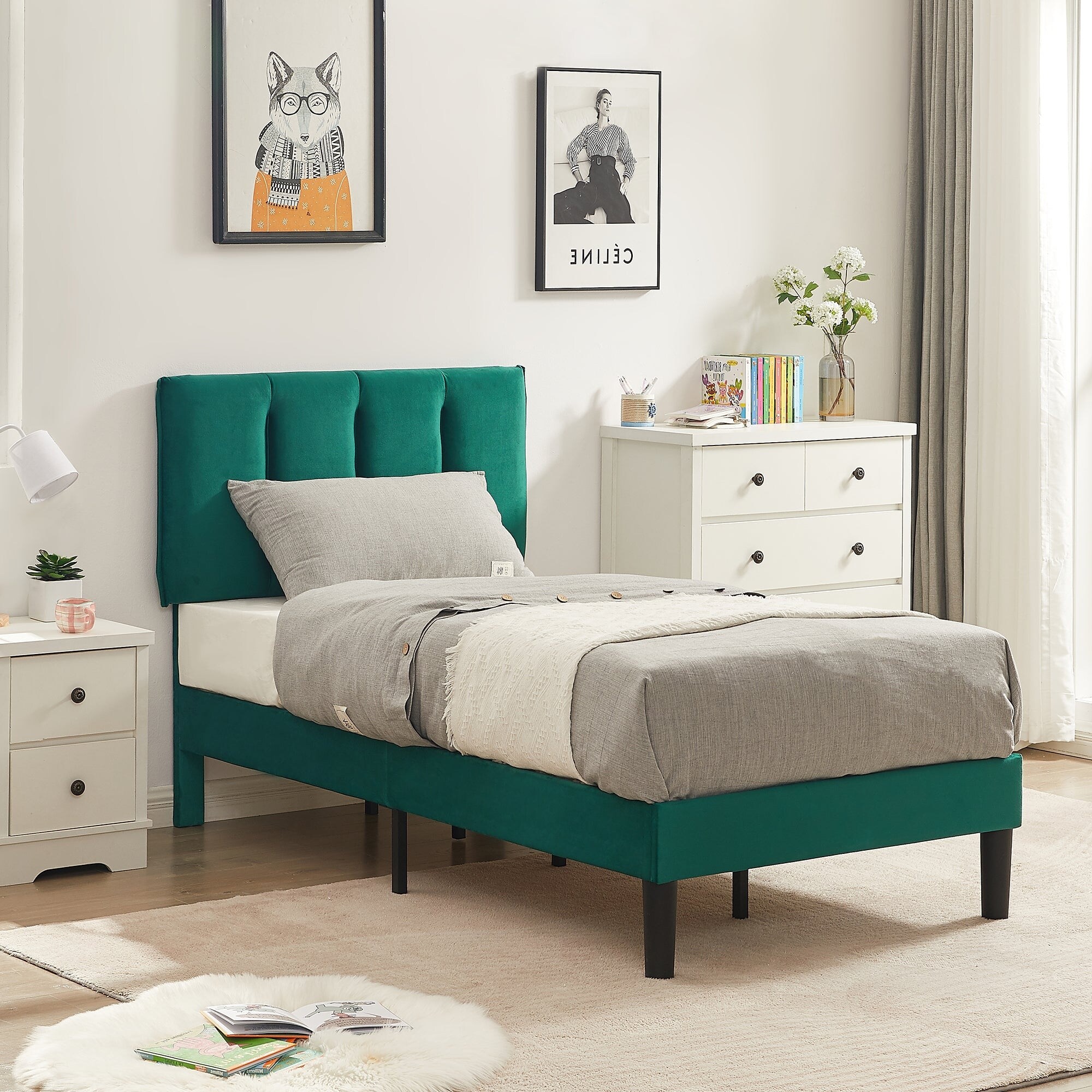 Javlergo Twin Size Bed Frame Upholstered Adjustable Height Headboard Green - Twin