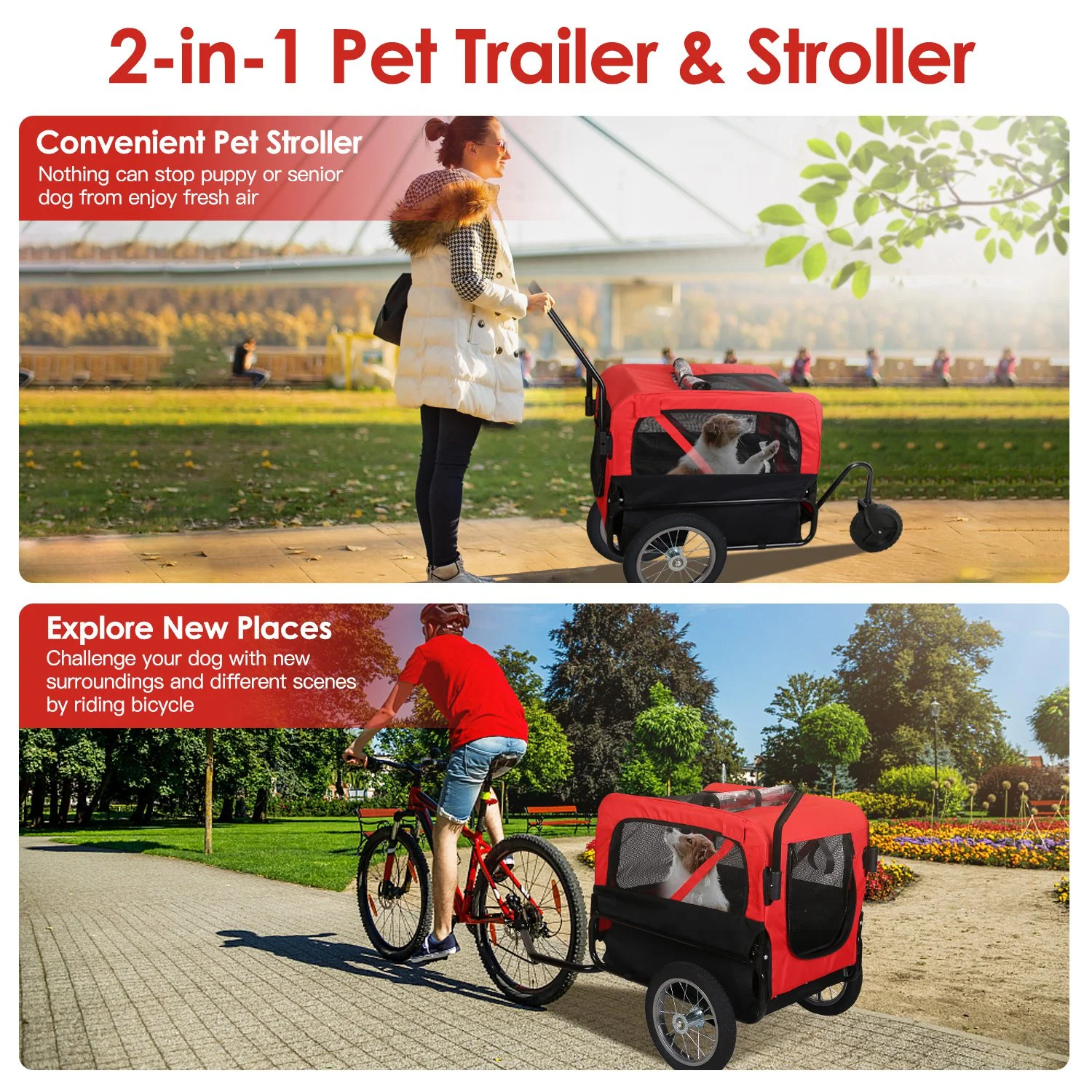 2-in-1 Dog Bike Trailer iMounTEK Pet Stroller Bicycle Carrier with Canopy 360° Swivel Up to 44LBS Weight for S/M Size Dogs Cats Outdoor