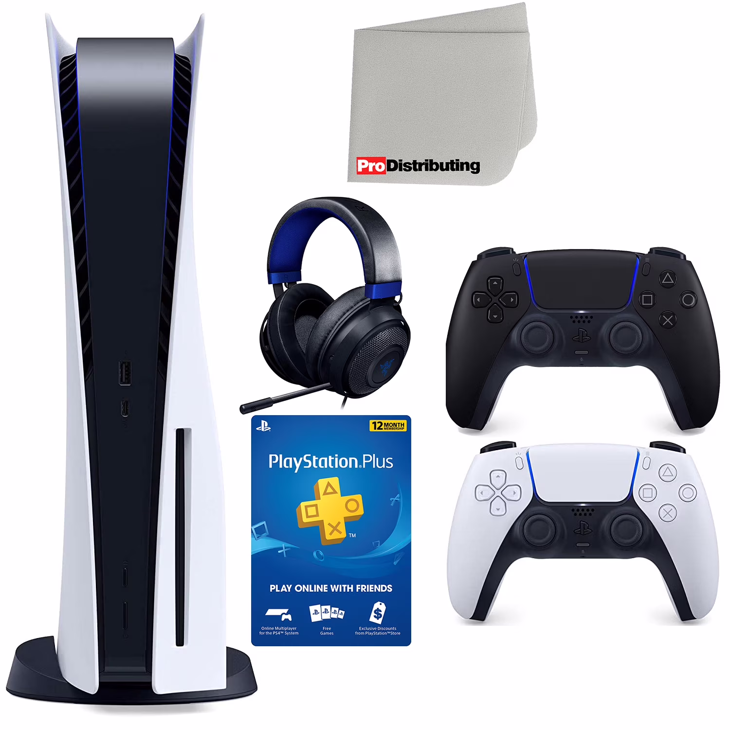 Sony Playstation 5 Disc Version (Sony PS5 Disc) with Midnight Black Extra Controller, Razer Kraken Gaming Headset, 12-Month PSN Membership and Microfiber Cleaning Cloth Bundle