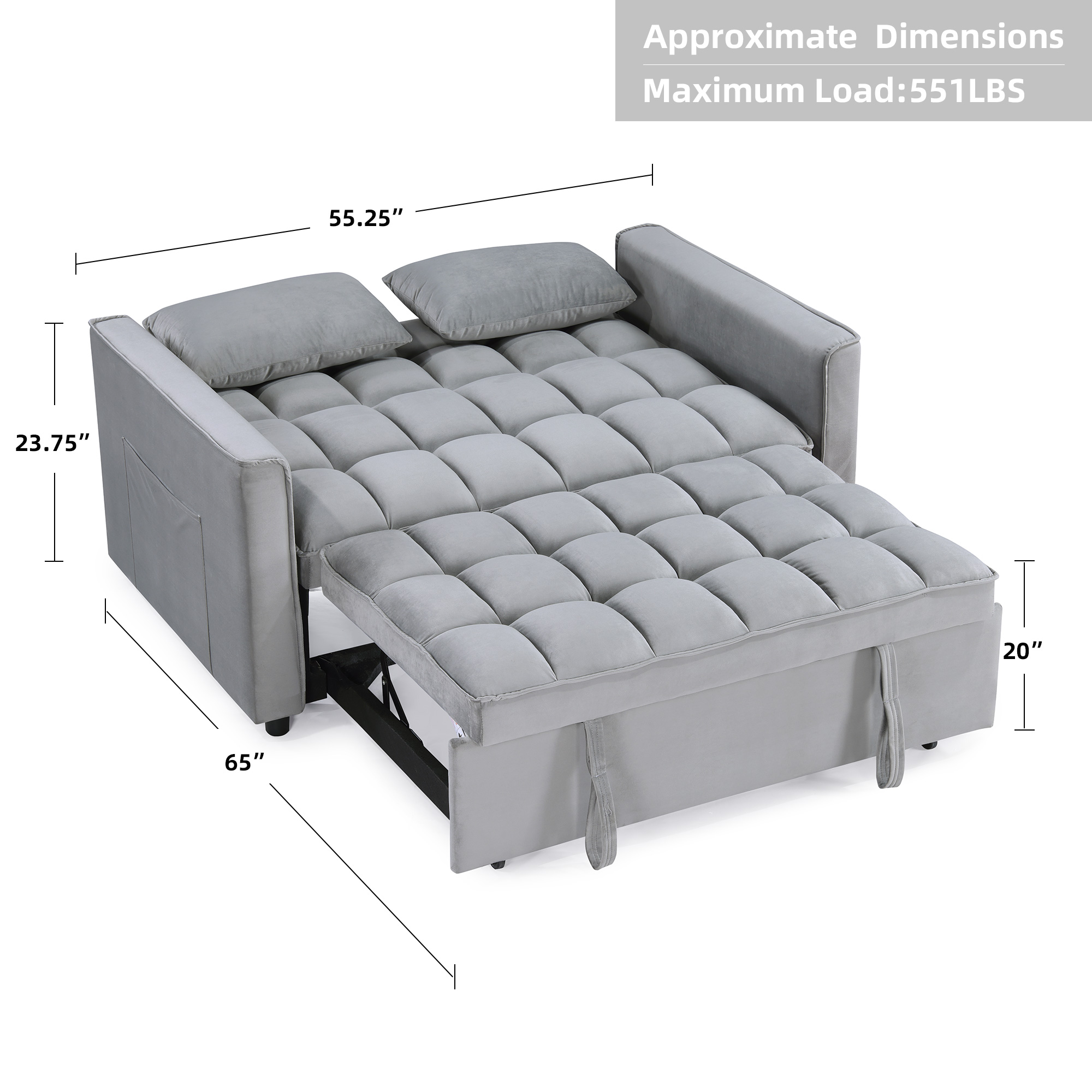 Duhome Sleeper Sofa Bed 3 in 1 Tufted Convertible Couch Bed Pull Out Velvet Loveseat with Reclining Adjustable OSS Pillows and Pockets,Grey
