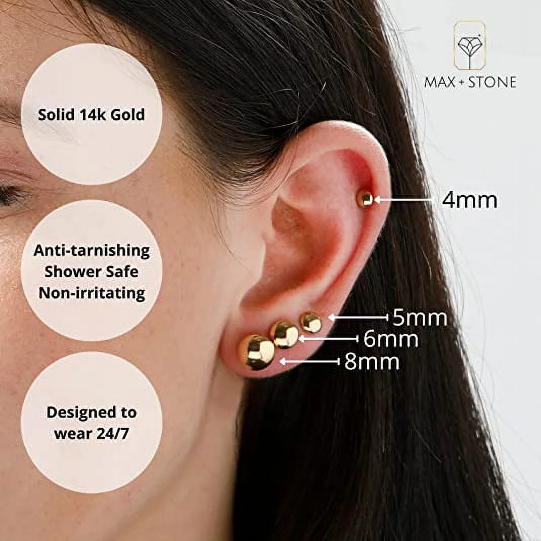 Yellow Small Gold Ball Earrings for Women 14k Real Gold | 14k Gold Stud Earrings for Women Men | 5MM Real Gold Post Earrings | Full Button Earrings by MAX + STONE