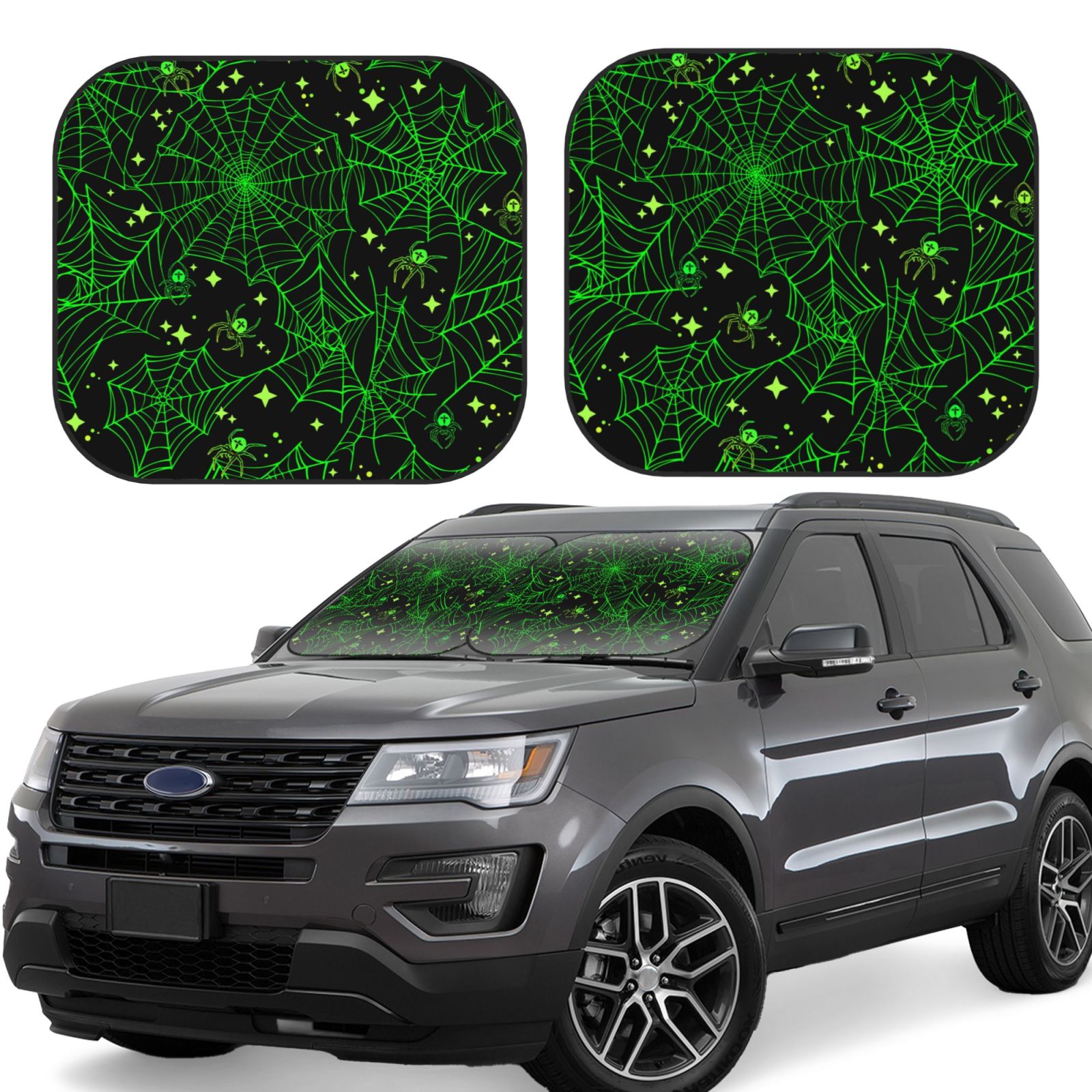Lukts Green Bright Web With Spiders Print 2 Piece Car Sun Shade Windshield,Foldable Car Shade Front Windshield With Keeps Your Vehicle Cool, For Most Sedans Suv And Trucks - Small