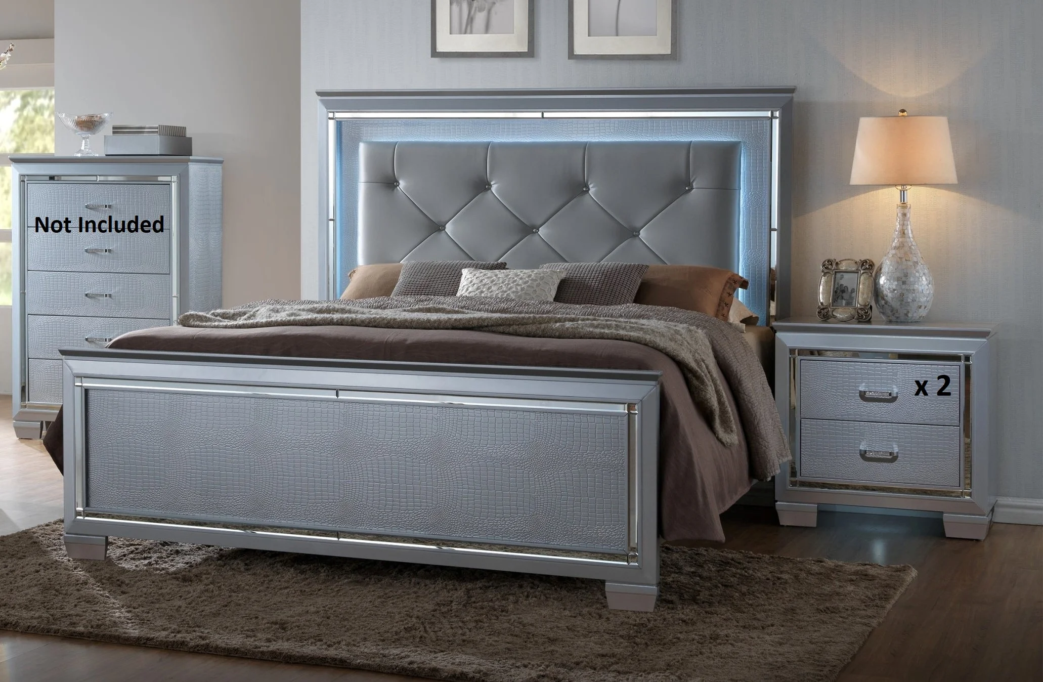 Contemporary Silver Finish 3pc Queen Size LED Backlit Upholstered HB Bed 2 Nightstand Wooden Bedroom Furniture Set