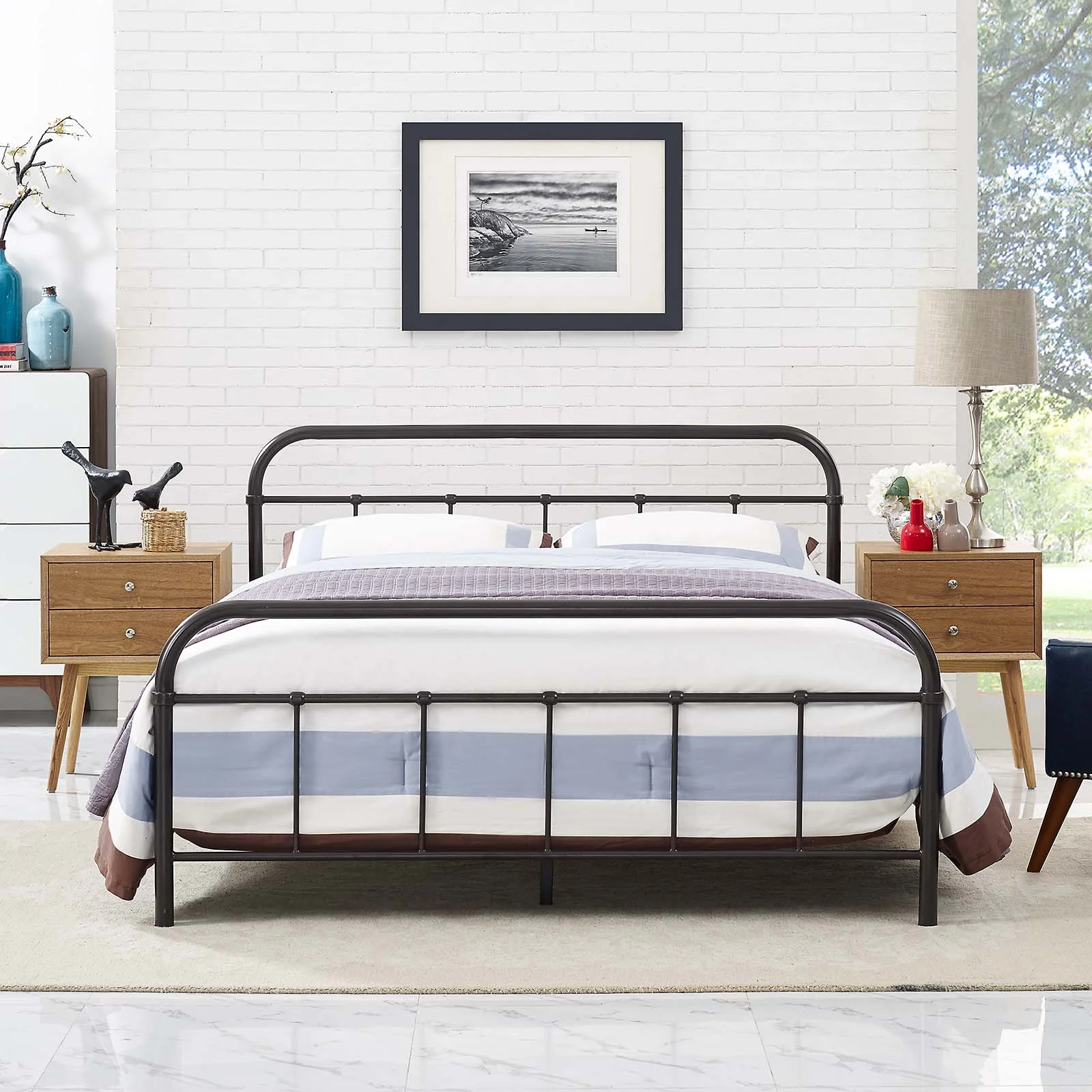 Industrial Country Cottage Farm Beach House Bedroom Queen Size Platform Bed Frame, Metal Steel Stainless Steel, Brown